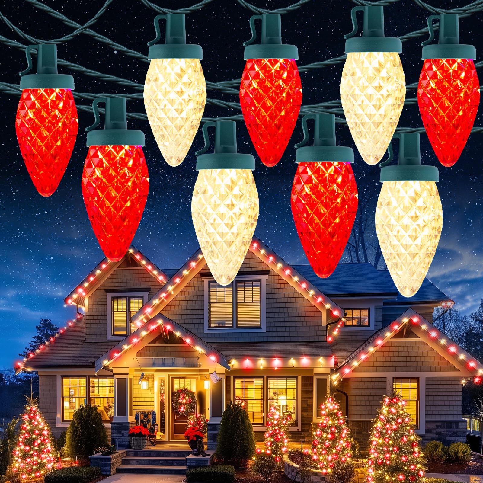 Brightown C9 Christmas Lights, 150 LED String Lights, 114 Ft, Waterproof, Timer, 8 Modes, Red & Warm White