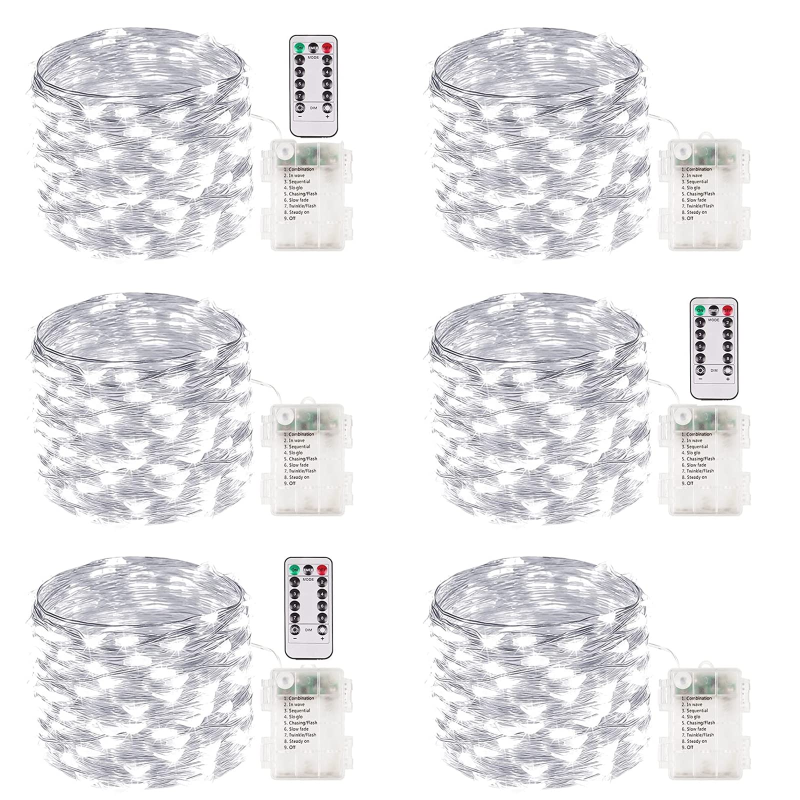 Albelt 100 LED Fairy Lights, 33FT Battery Operated, Waterproof, Timer & 8 Modes, 6 Pack, Cool White, Model Sliver100