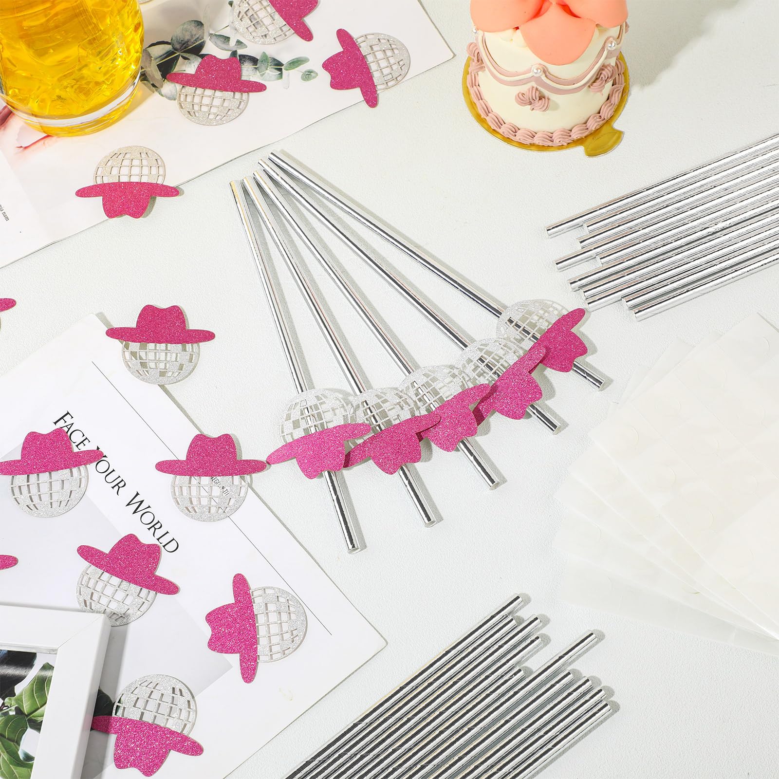 Tanlade Mini Disco Ball Straws, 50 Pcs, 70s Party Decorations, One Size, Pink, Model DIA-Tanlade-785