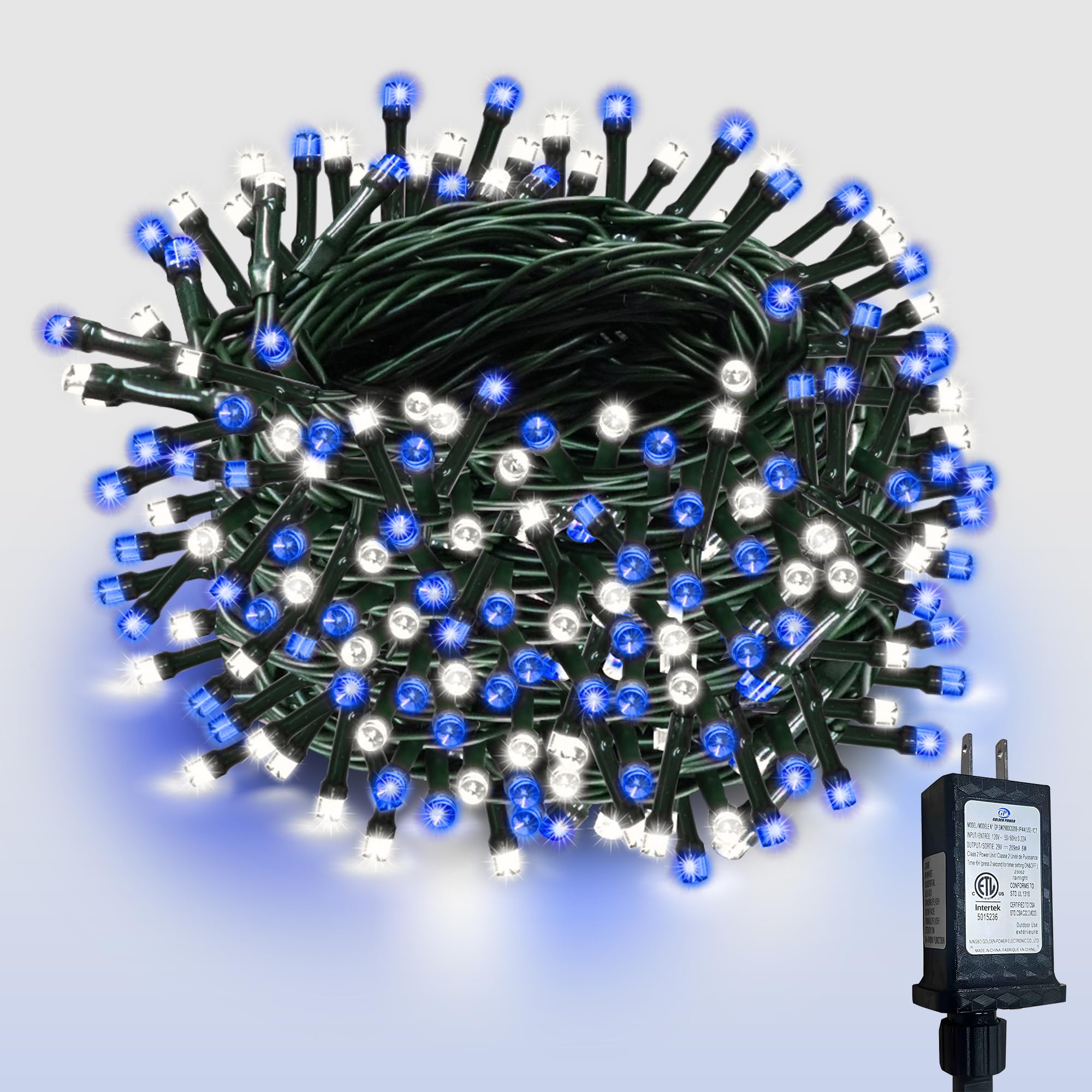 WISD Christmas String Outdoor Lights 200 LED 43ft Indoor Twinkle Fairy Lights, Plug in Decor for Xmas Tree Room Patio Garden Wedding Party, Blue + White