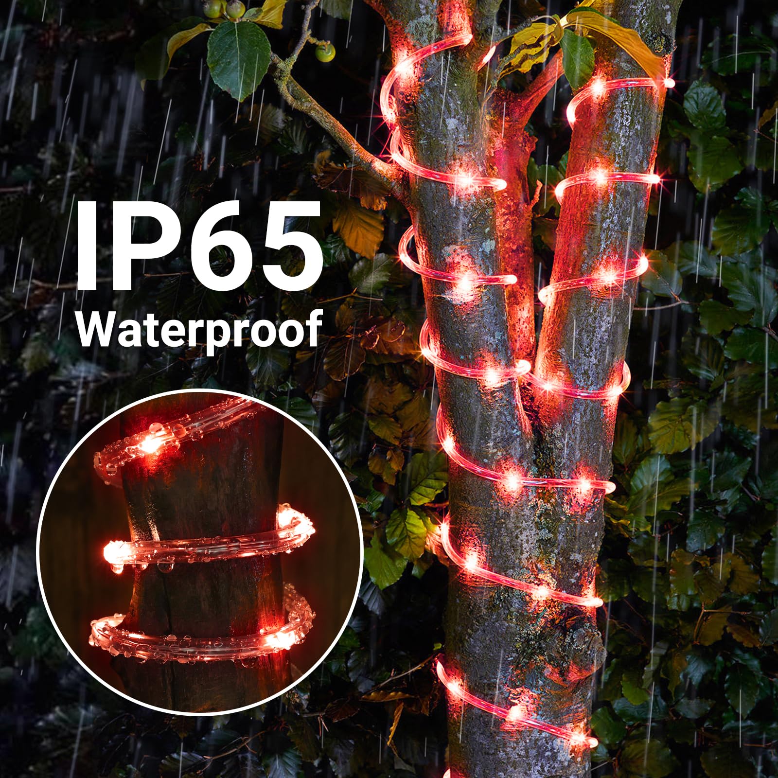 Jnaurb Solar Rope Lights, 66ft 200LED Waterproof Outdoor String Lights, Flexible Clear Tube, Red