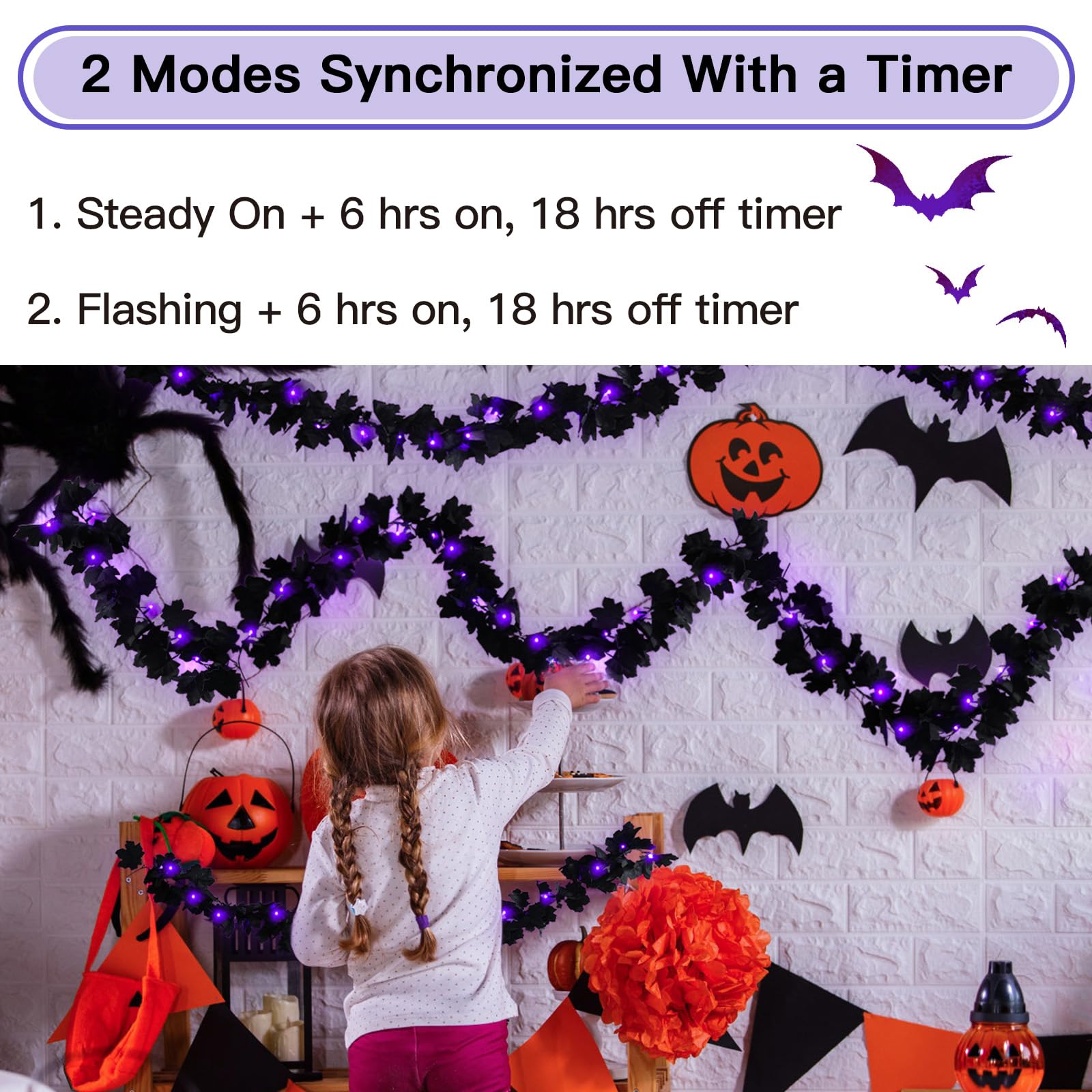 Suddus 20 Led Halloween String Lights Battery Operated With Black Maple Leaves 6.5 Ft Halloween Garland Decor For Yard, Porch, T