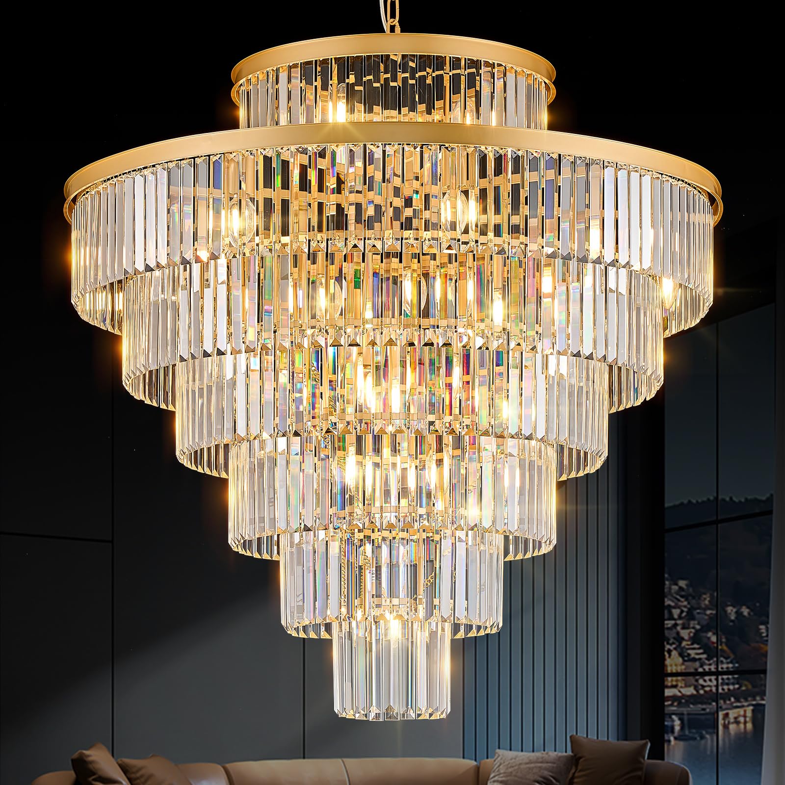 MERINEA Crystal Chandeliers Large 40 28 Lights Modern Round Chandelier Elegant Gold 7-Tier K9 Crystal Ceiling Pendant Lighting Fixture for Tall Ceiling Foyer Staircase Living Room