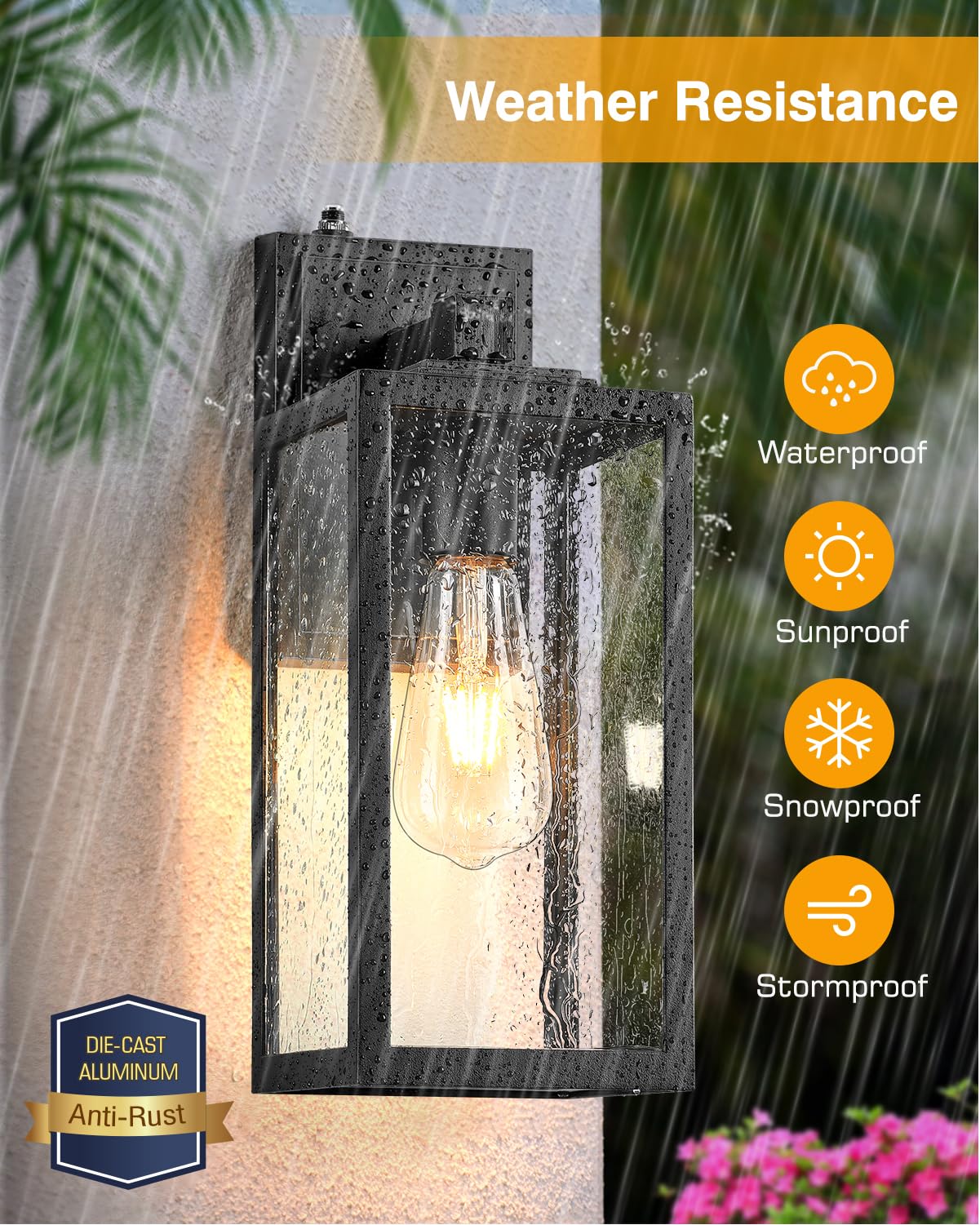 VIANIS Outdoor Wall Sconce Lantern, Black, Aluminum, Anti-Rust, Waterproof, Model V8138, Dusk to Dawn, Tall D2D