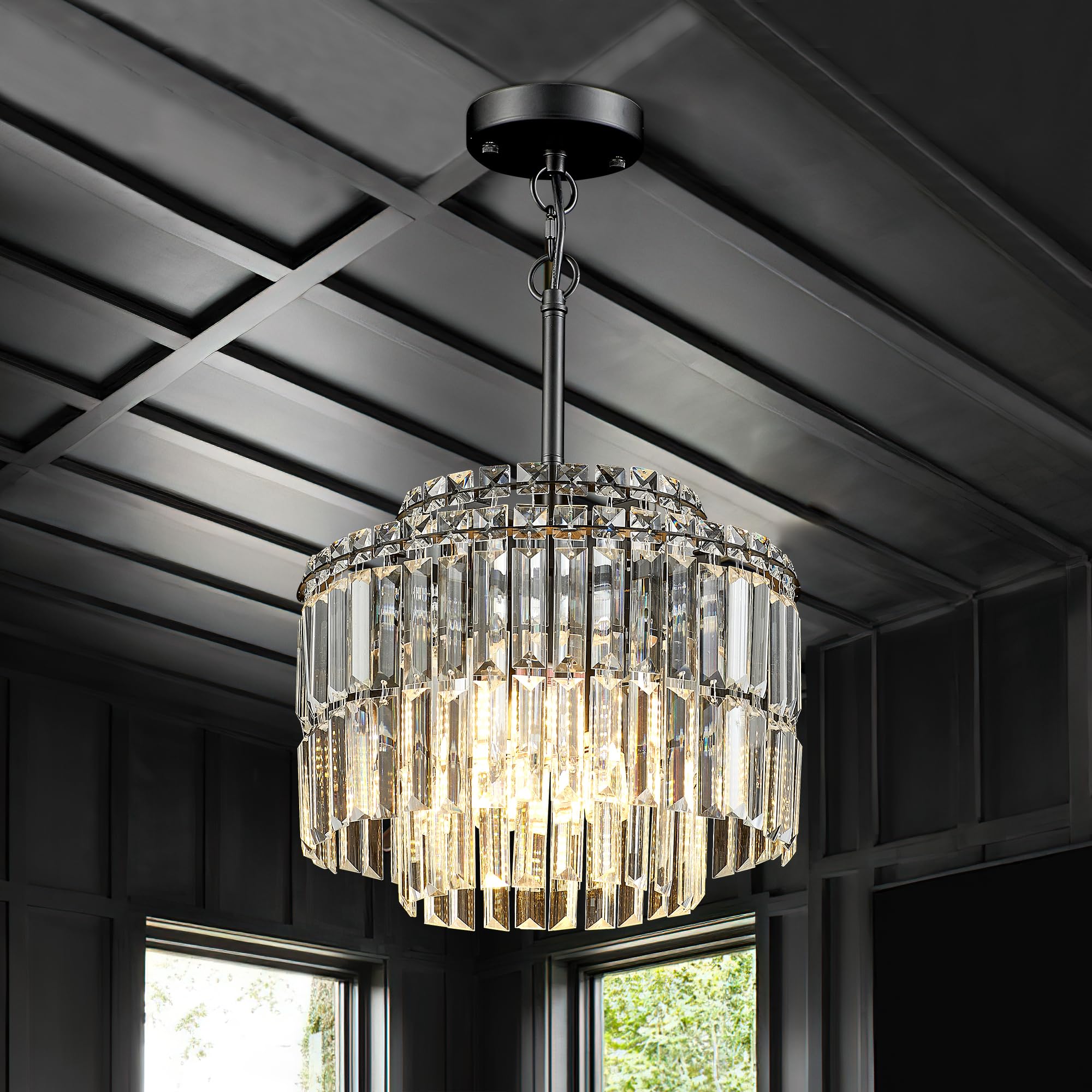 Lighceac Modern 12.8 Black Crystal Chandelier Ceiling Light Fixtures For Dining Room stylish Glam 4-Light Crystal Chandeliers Lighting For Bedroom Entryway Hallway Living Room Kitchen Island Foyer