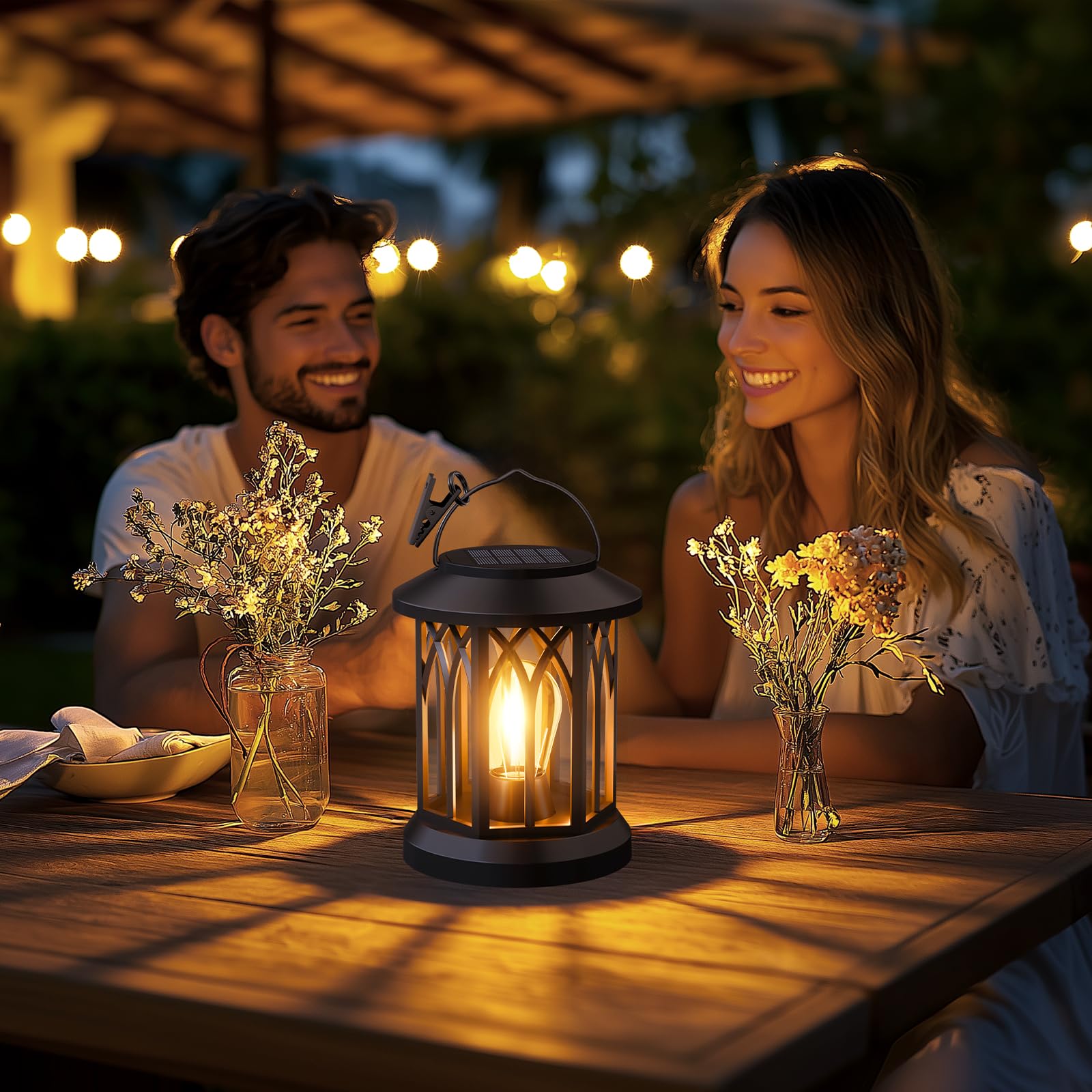 SIMLIX Hanging Solar Lanterns - 2 Pack Waterproof Outdoor Patio Decor, Black ABS, Clip-On Design for Garden & Family Gifts