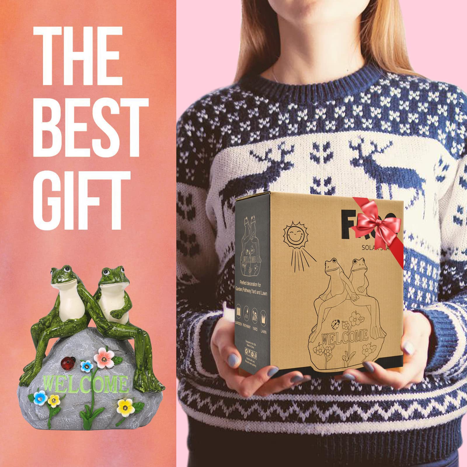 Nacome Solar Garden Frog Statue With Succulent & 7 Led Lights - Patio Yard Decor