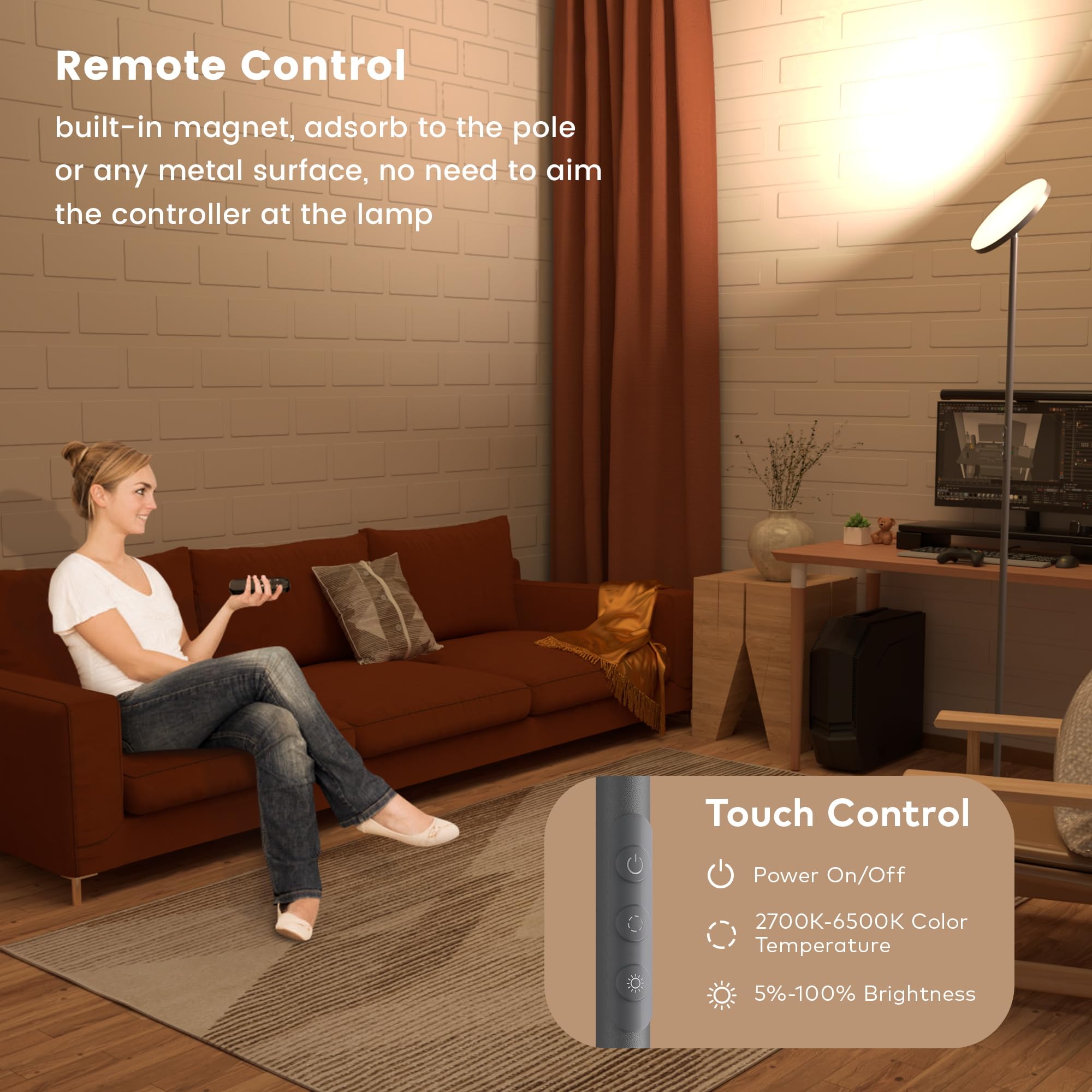 Wowlumen Floor Lamp,Bright 36W 3500Lm Standing Lamp With Remote, 2700K Soft White To 6500K Cool White Adjustable,Touch Control D