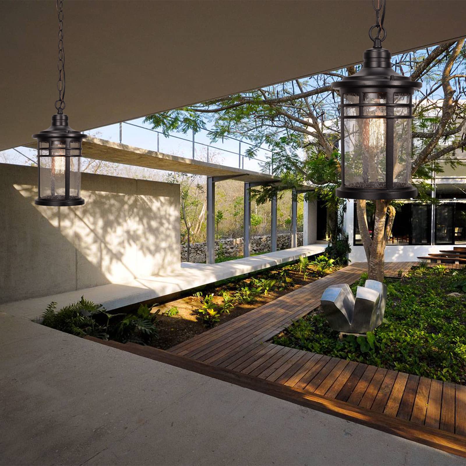 Darkaway Outdoor Pendant Lights, Aluminum, Medium Size, Black, Model 6X20H BK, Seeded Glass for Porch, Gazebo, Patio