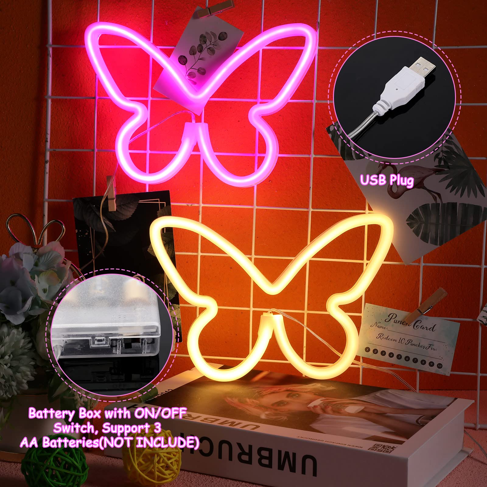 Riakrum LED Butterfly Neon Light Decor - 2 Pcs - USB & Battery Powered - Pink & Warm White - Model Riakrum-Signs Butterfly LED Light-026