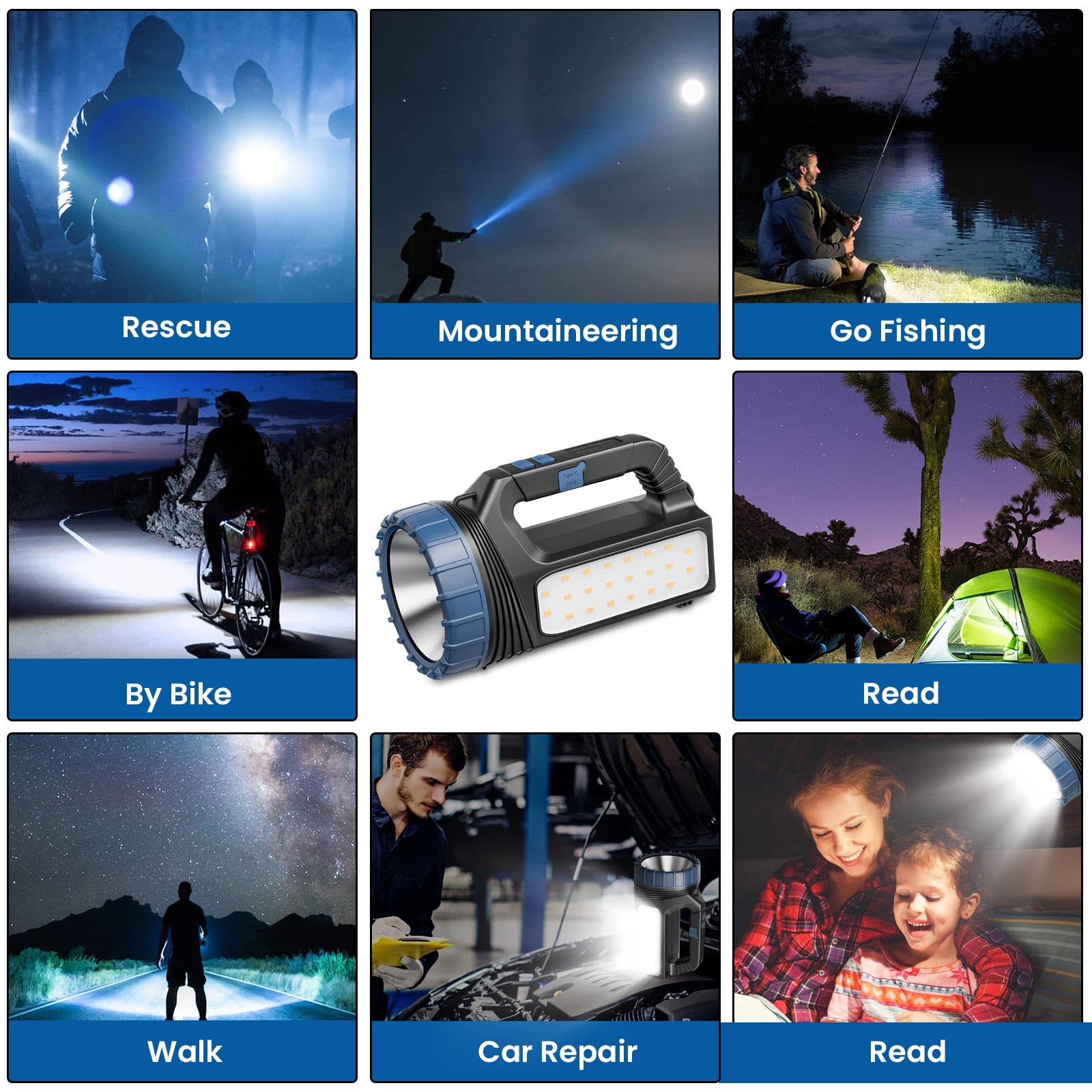 E-Shidai Solar Flashlights, 8000 Lumens Led, Usb C, 2Pcs, Black, Model Ls-2273, Multi-Function With Emergency Strobe Light