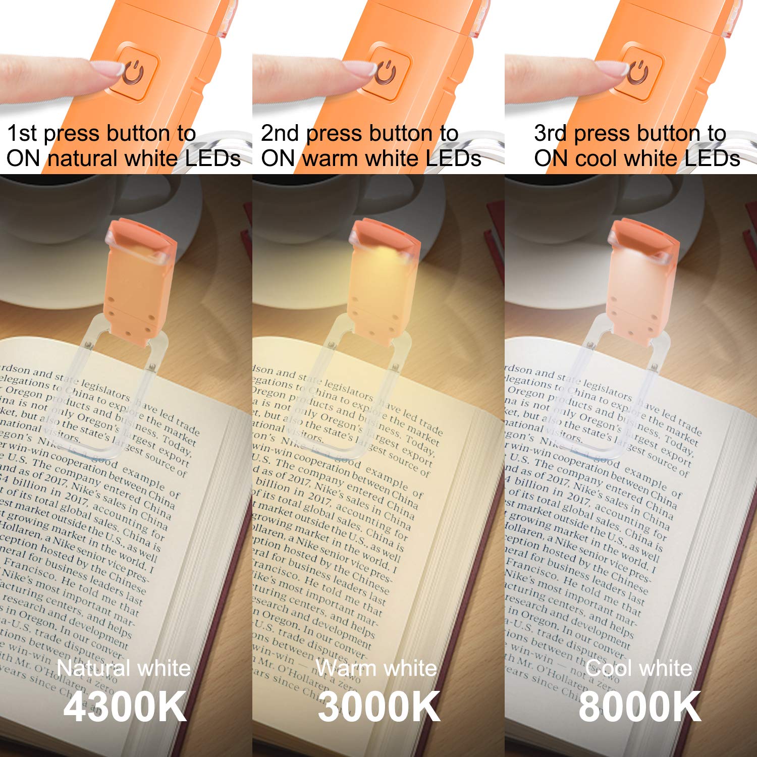 HONWELL Rechargeable Clip On LED Reading Light, 3 Brightness Levels, Portable Bookmark Lamp, Orange, Model H008YW-O
