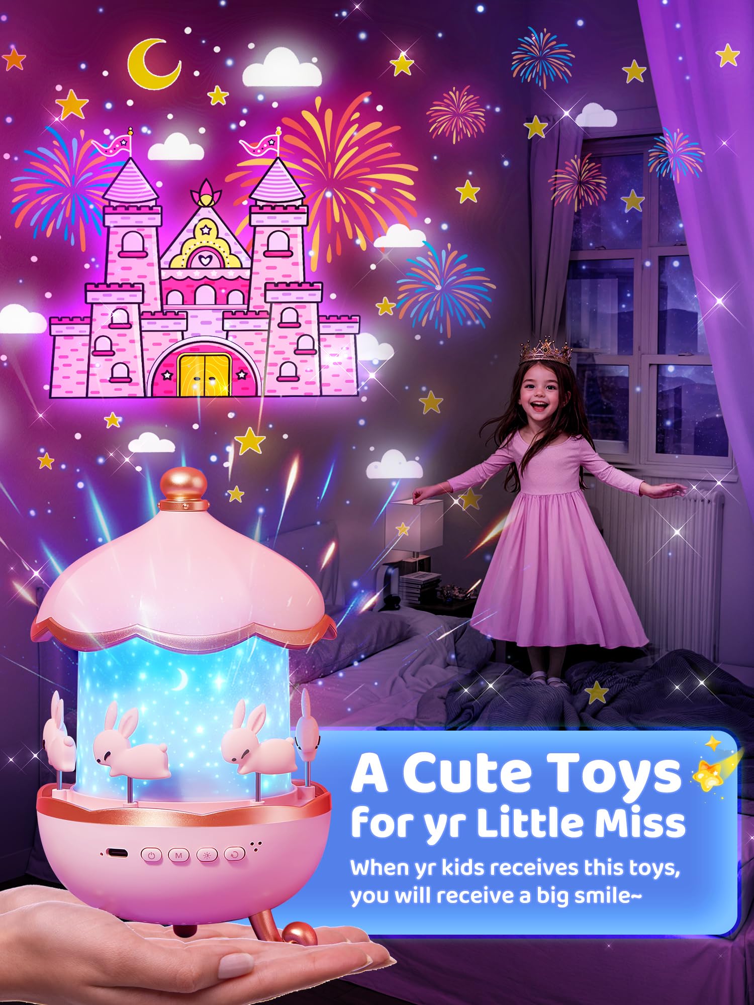 Staryou Night Light Projector for Kids, 21 Colors, 15 Films, Remote, Pink, Model WH-E11