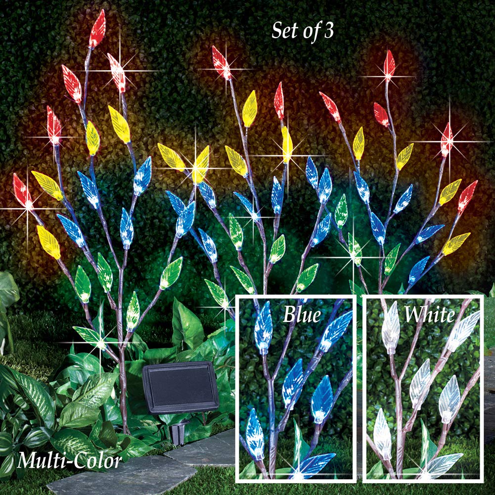 Collections Etc Bright Leaf Branch Solar Garden Lights With Adjustable Branches - Set Of 3, Outdoor Decorative Accents, Blue, 60