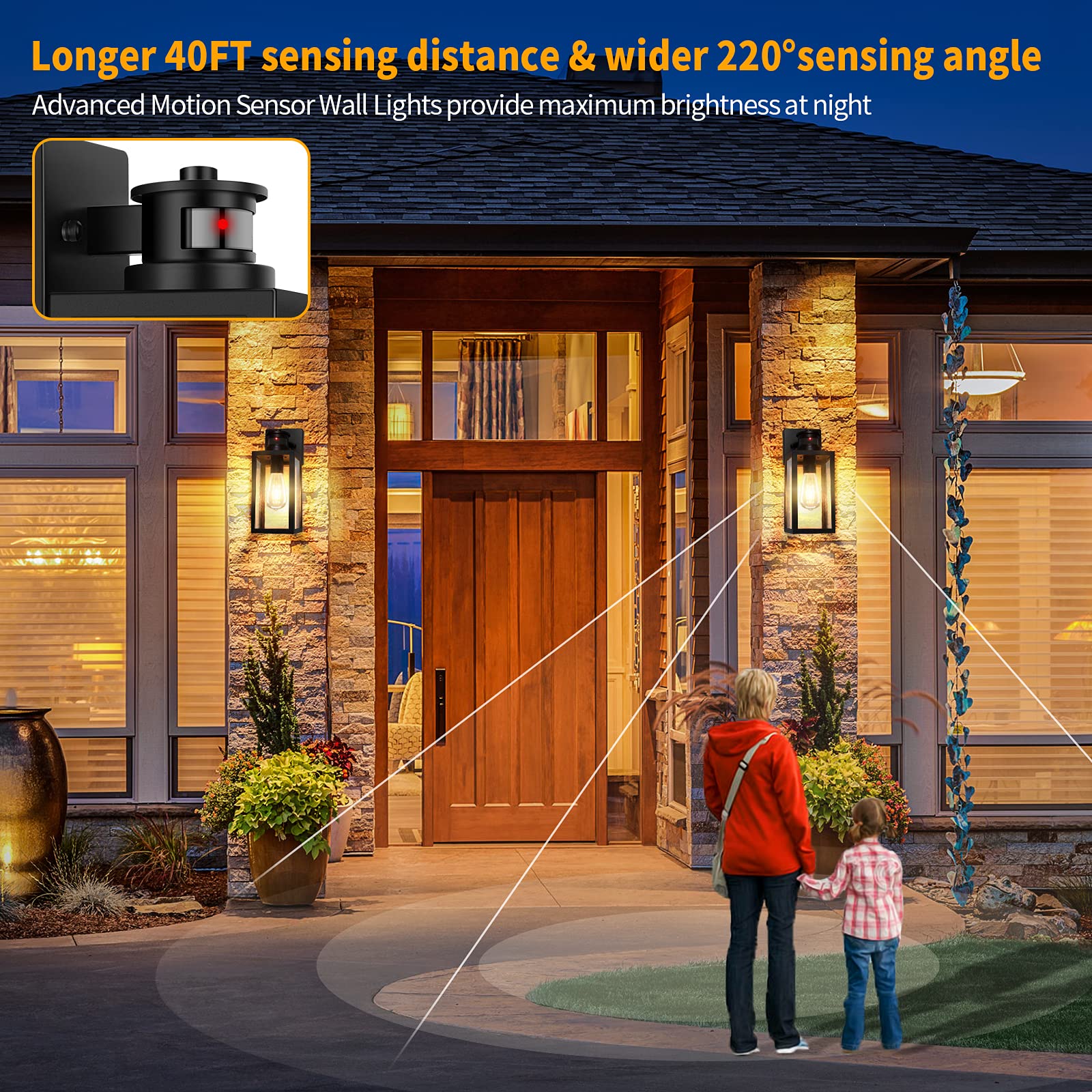 TOBUSA 2-Pack Motion Sensor Outdoor Wall Lights, 13.25" Black Metal Lanterns, Dusk to Dawn, Clear Glass Sconce for Porch & Garage