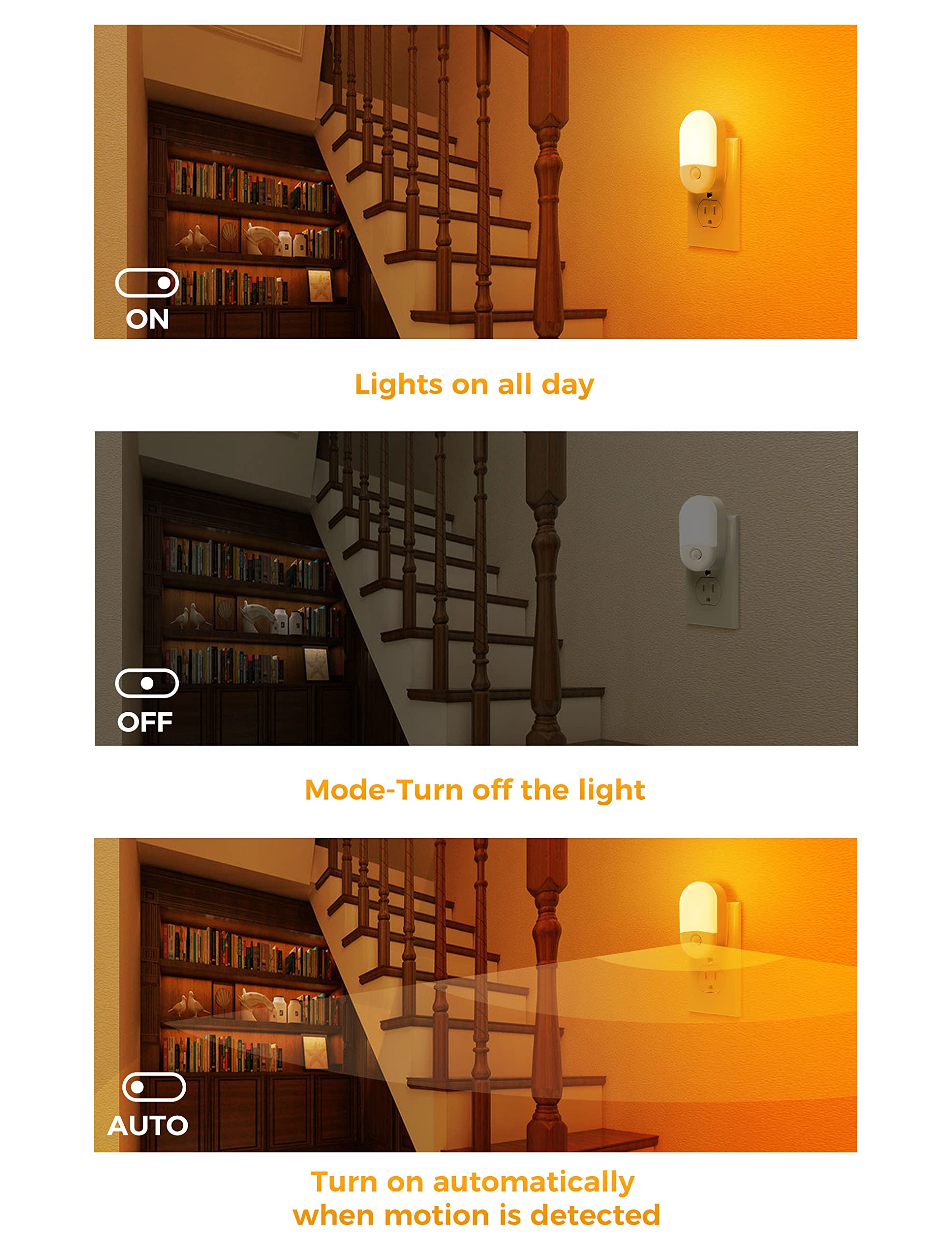 Amber Night Light, 2 Pack, Lohas Amber Night Lights Plug Into Wall Motion Sensor, 0.6W 2000K, Led Night Light, 30/60Lm Adjustable Brightness, Automatic Low Blue Night Light For Kids, Bathroom, Hallway