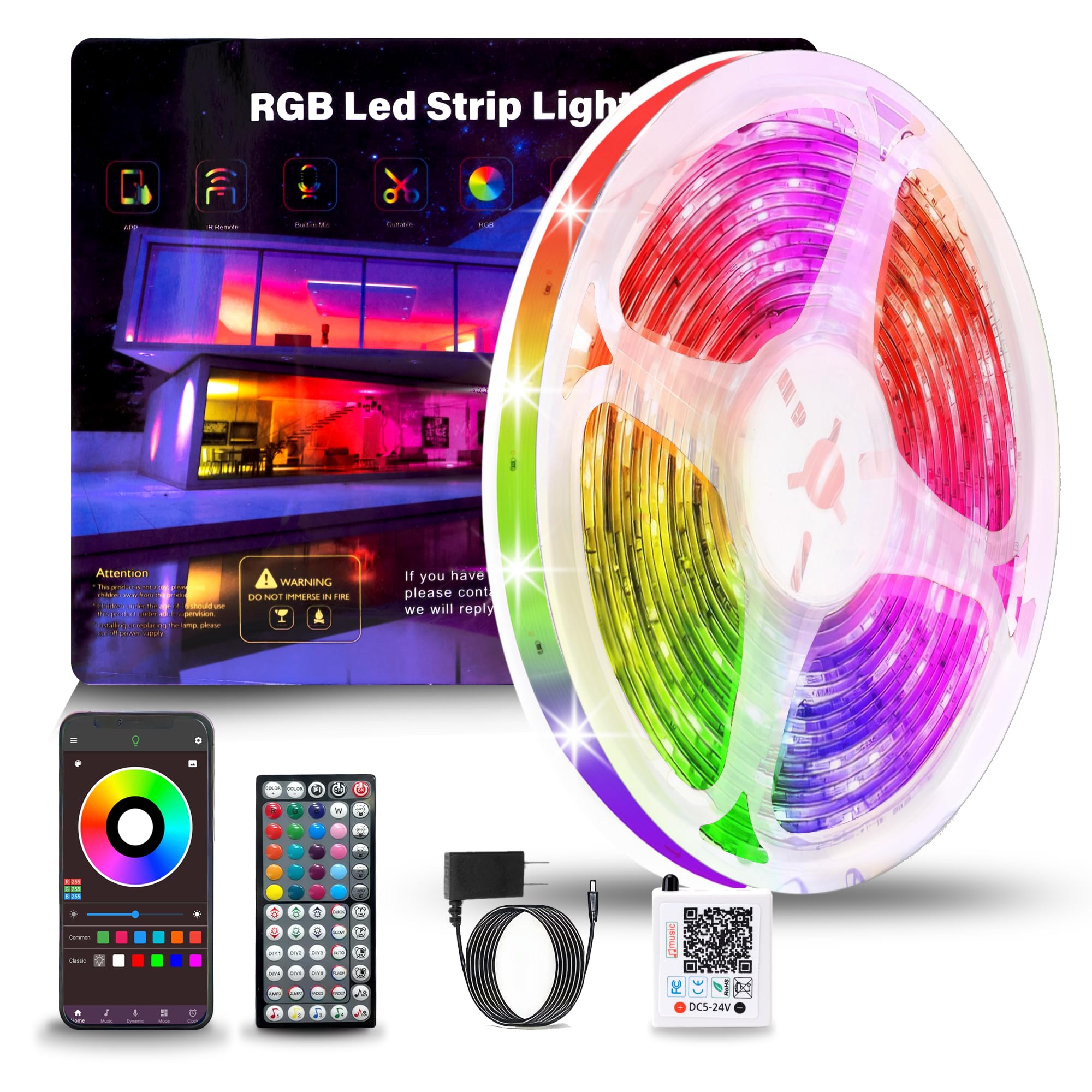 NBBUFF Led Lights for Bedroom 50ft (1 Roll), Color Changing RGB Led Strip Lights with 60 Keys Remote and App Control, Music Sync