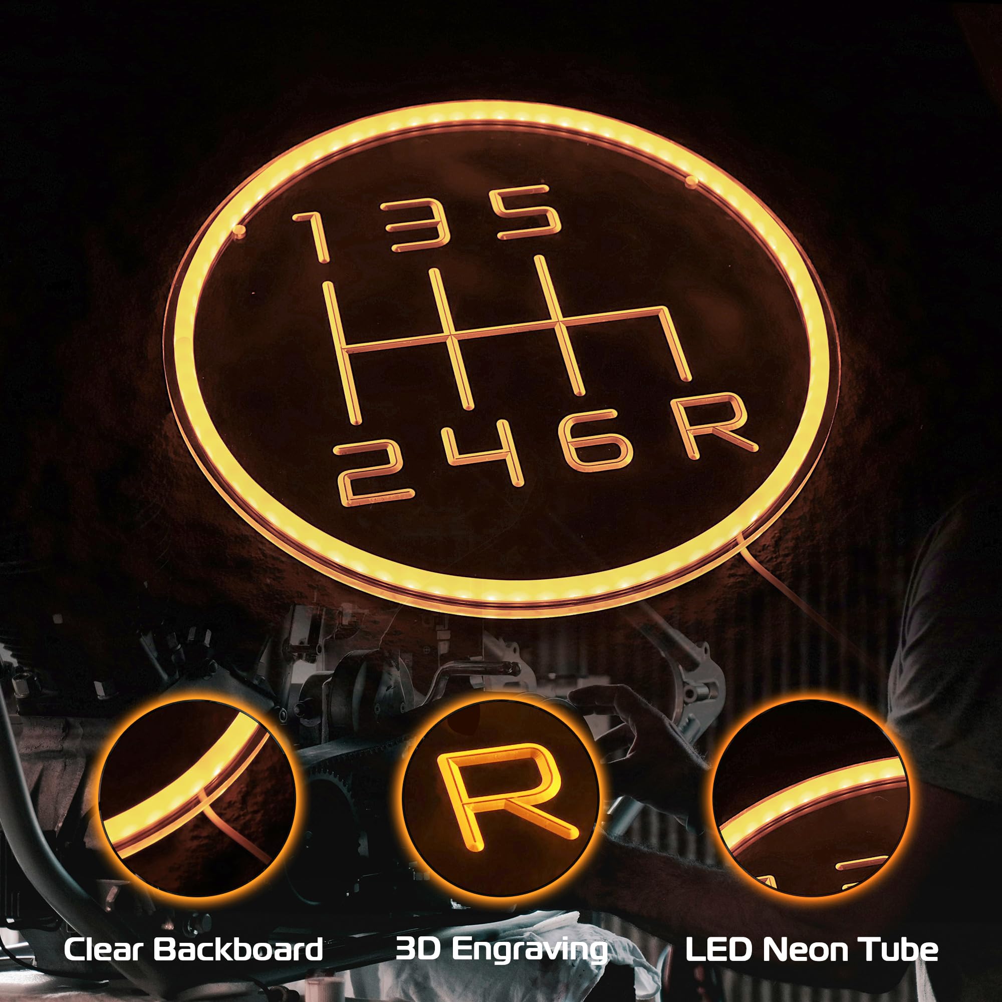 Kavaas Neon Garage Sign - 3D Engraved Gear Shift LED Decor, Gold Yellow - Perfect for Car Rooms, Auto Workshops, and Man Caves