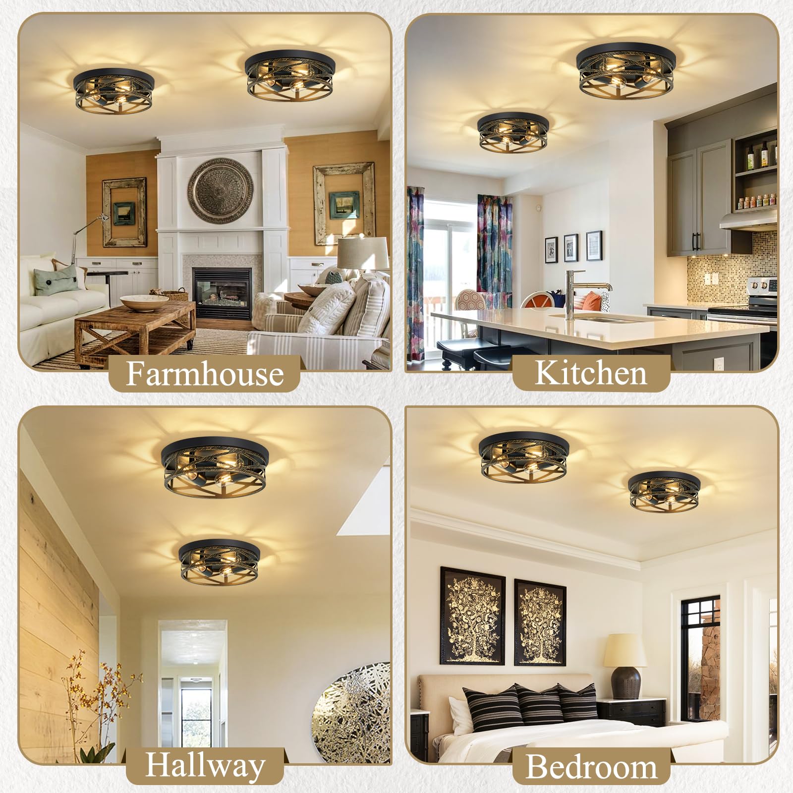 Skejao Flush Mount Ceiling Light Fixture,13 Inch Rustic Metal Black 3-Light Hallway Light Fixtures Ceiling,Vintage Light Fixture