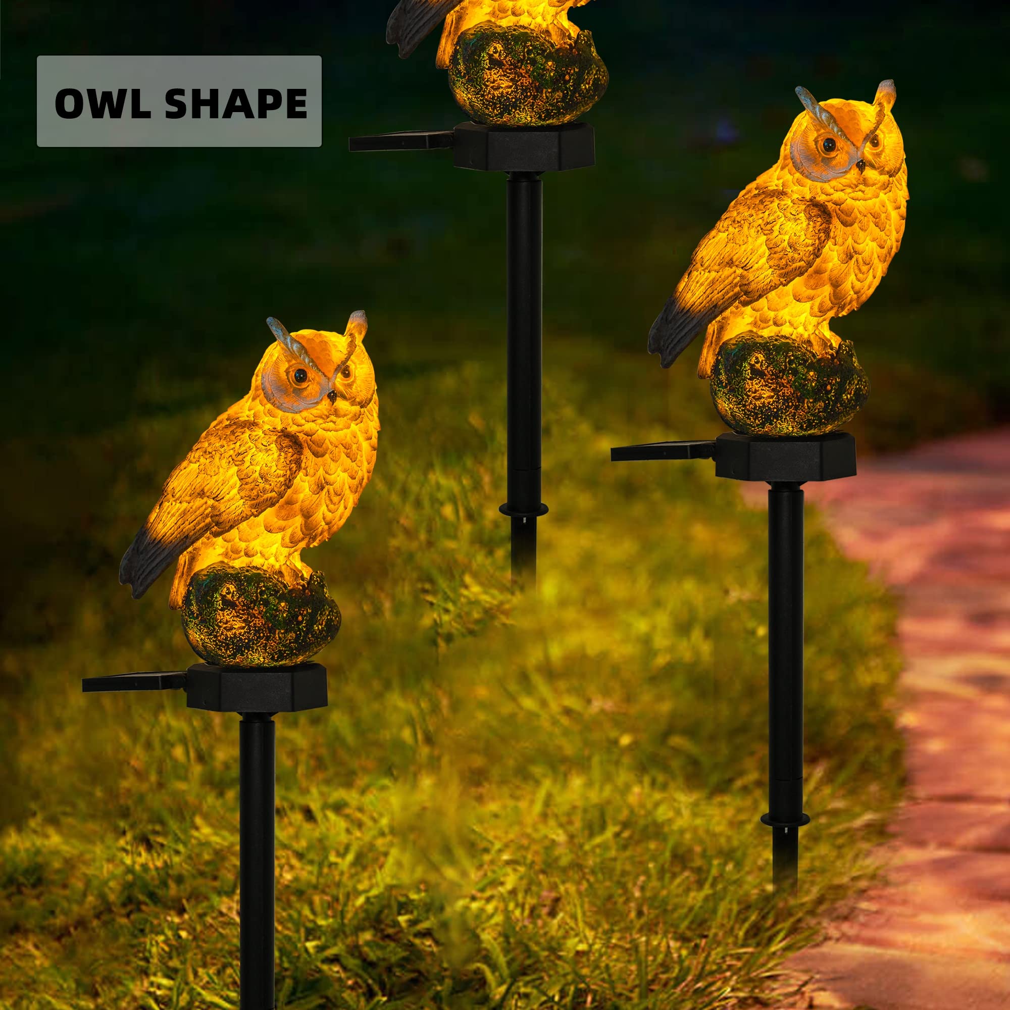 Dazzle Bright Owl Solar LED Lights, Brown Resin Garden Decor, Waterproof Outdoor 2 Pack