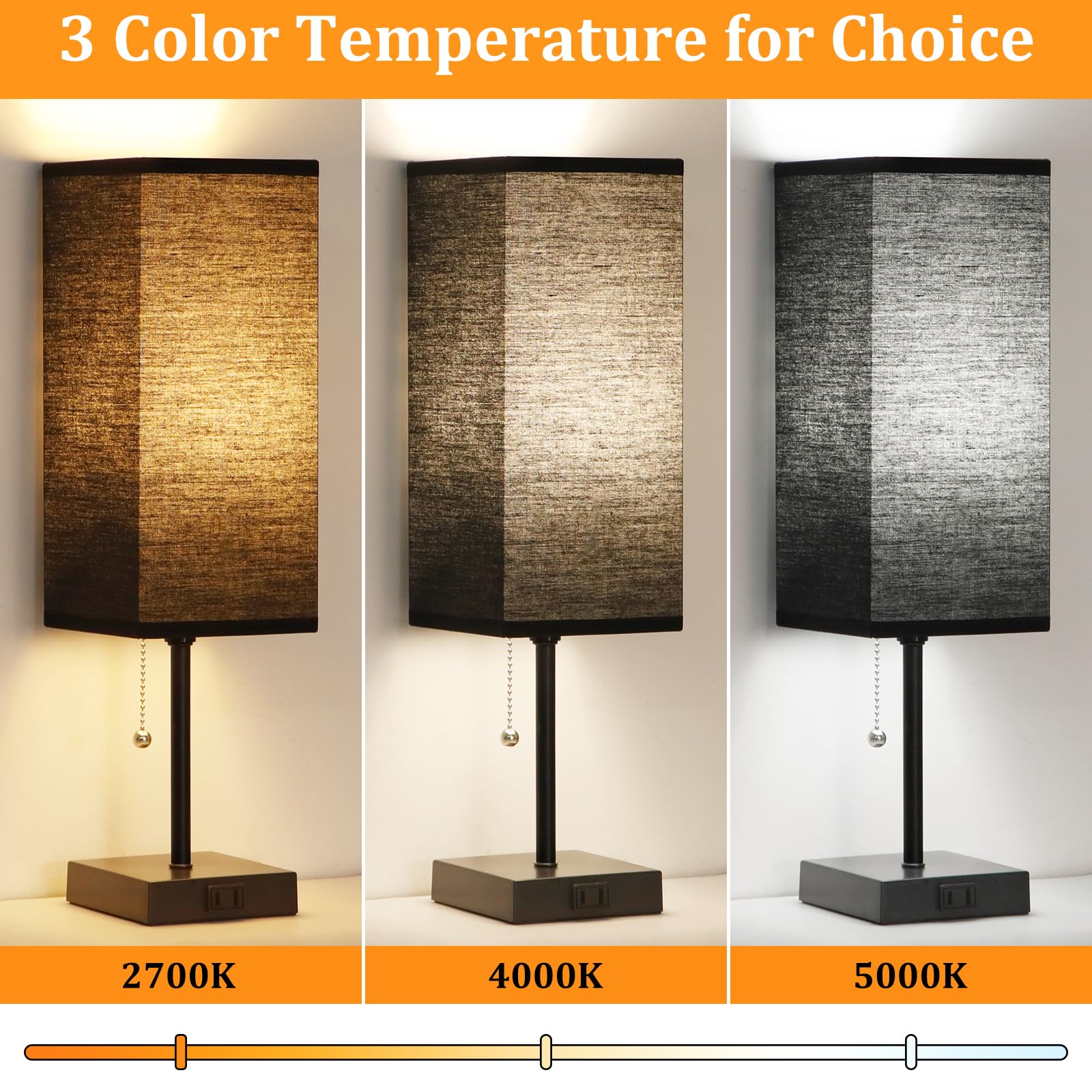 Dott Arts Table Lamp Set of 2, 3-Color, 18in Black Plastic Nightstand Lamps with Pull Chain and AC Outlets, Model PTL6W-028