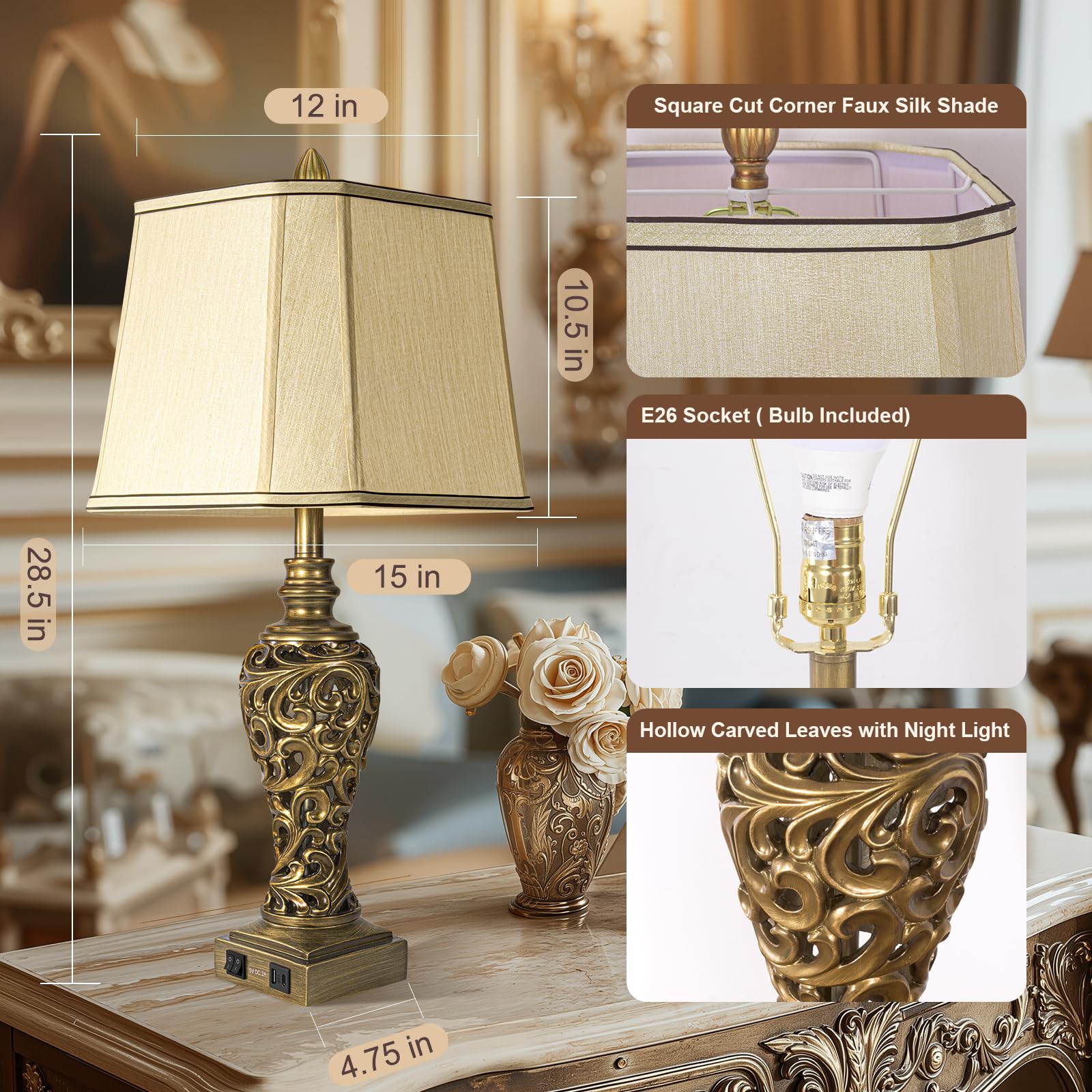 28.5'' Table Lamps Set Of 2 For Living Room, Vintage Bedside Lamps With Usb A+C Ports & Nightlight, Farmhouse Nightstand Lamps W