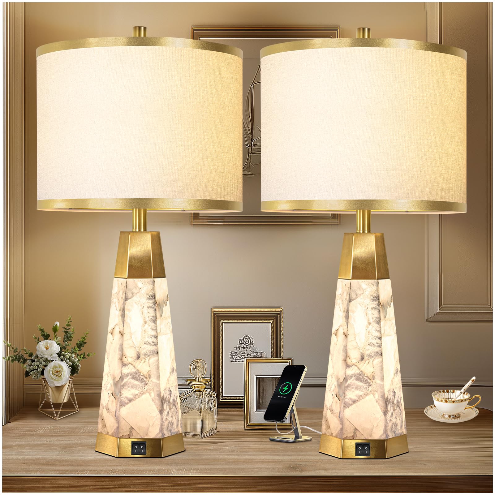 KIVDITZO Natural Alabaster Table Lamps Set of 2 for Living Room,with Night Light,White Linen Shade,USB A+C Ports,Perfect for Nig