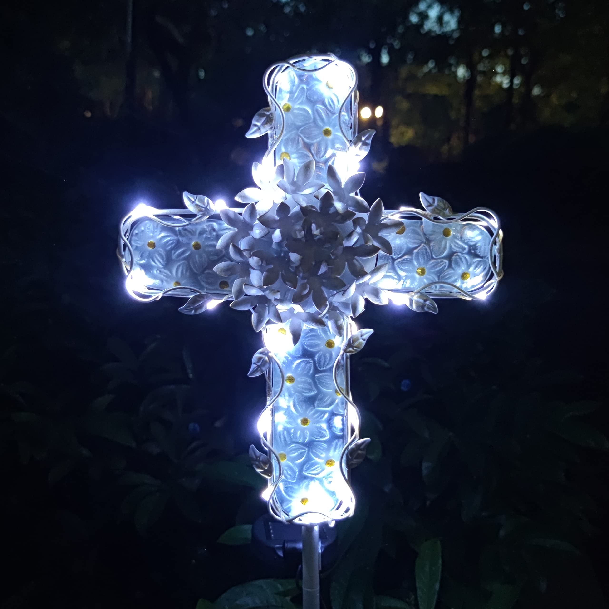 COOZZYHOUR 38Inch Solar Cross Garden Lights Outdoor Decorative - Solar Metal&Glass Cross White Hydrangea Flower Stake Lights- Wa