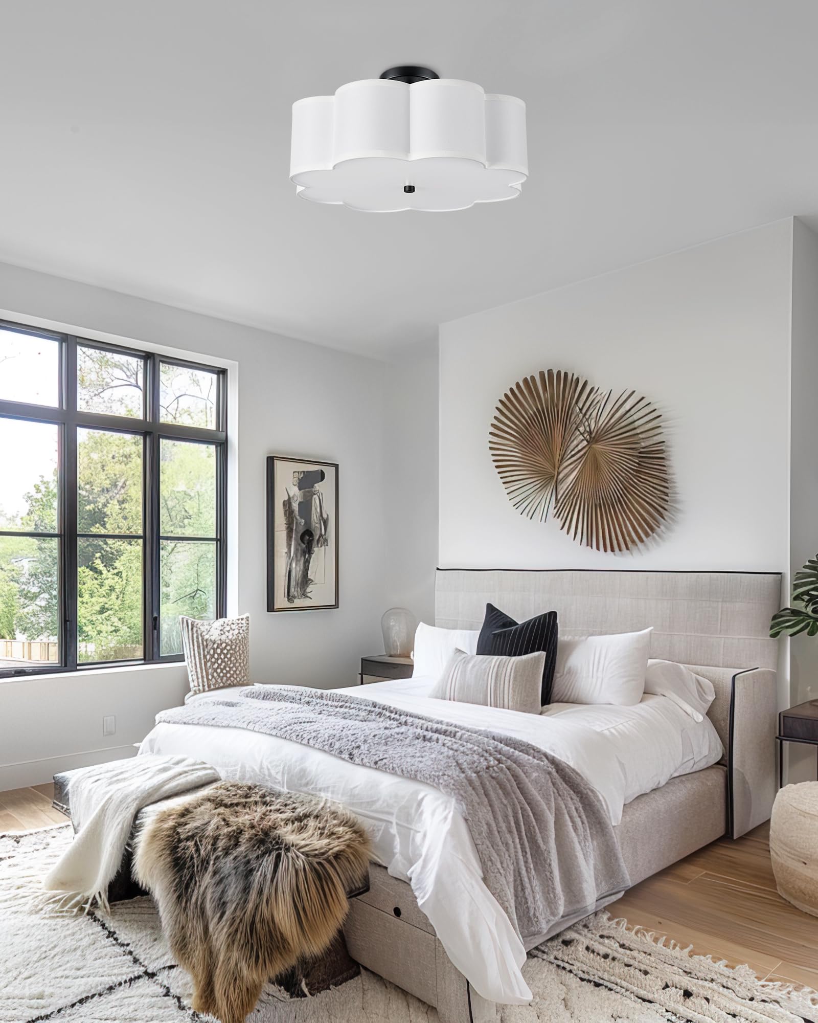 Audickic Black Semi Flush Mount Ceiling Light, 4-Light 18'' Ceiling Light Fixtures With Fabric Drum Shade In Flower Shape, Farmh