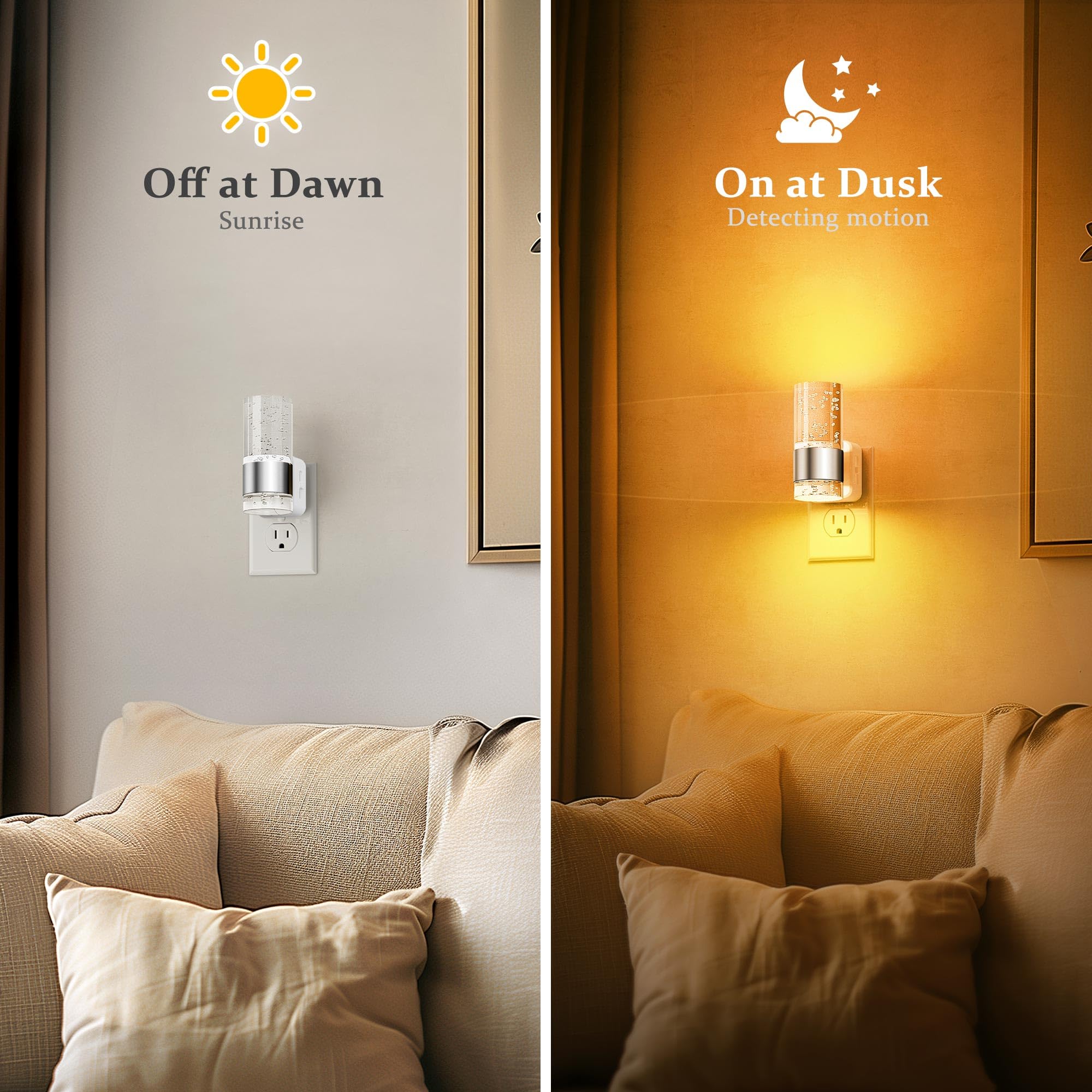 JandCase Night Light 2 Pack, Dimmable LED with Auto Light Sensor, Acrylic, Sliver-Amber, Model GY197