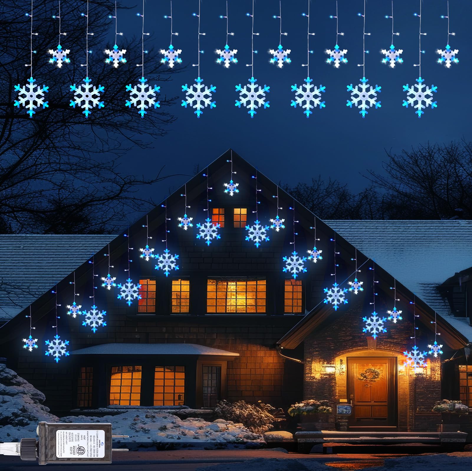 Blue White Snowflake Lights - 19.5FT 288LED Snowflake String with 24 Drops, 8 Modes, Timer, IP65 Waterproof, Connectable Outdoor