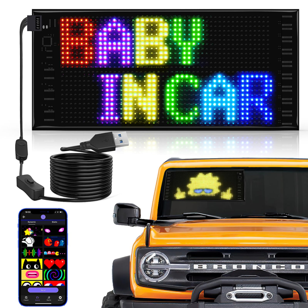 Rayhome Double Row Scrolling Led Light Sign For Car, 10.6''X4.7'' Flexible 5V/2A Bluetooth App Control Led Car Sign Custom Text