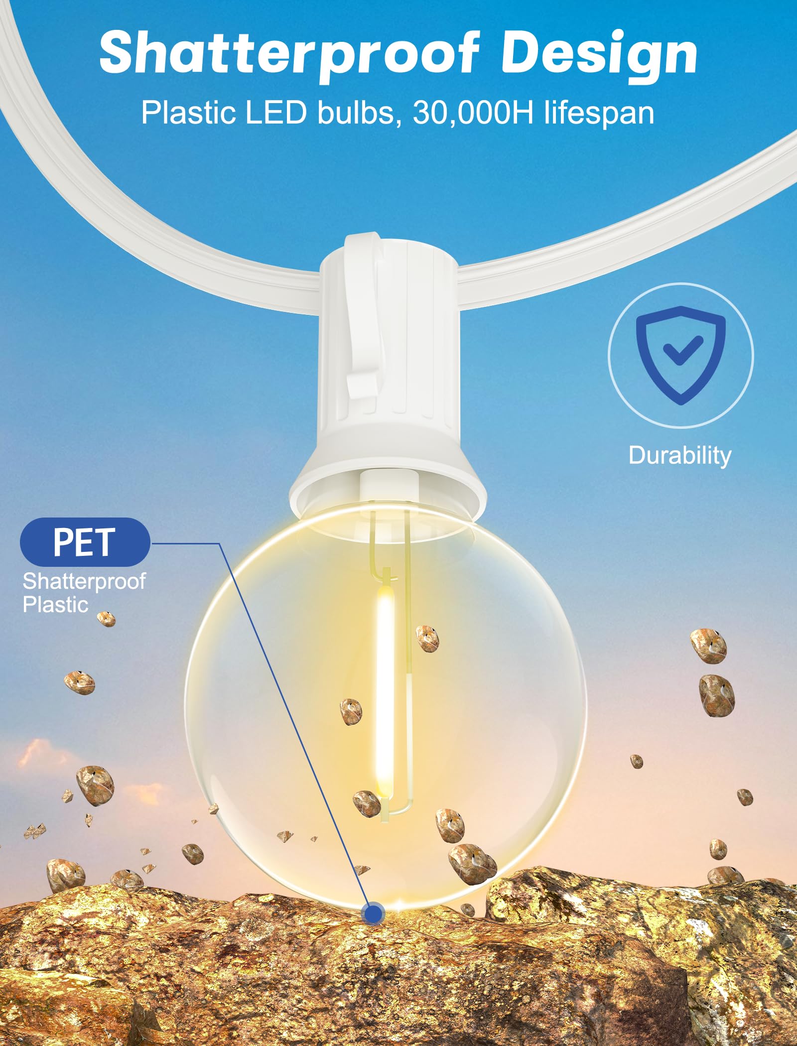 Sunsgne G40 Outdoor Patio String Lights - 25Ft Warm White Shatterproof Led Globe Bulbs, White Wire, Ul Listed For Indoor/Outdoor Use
