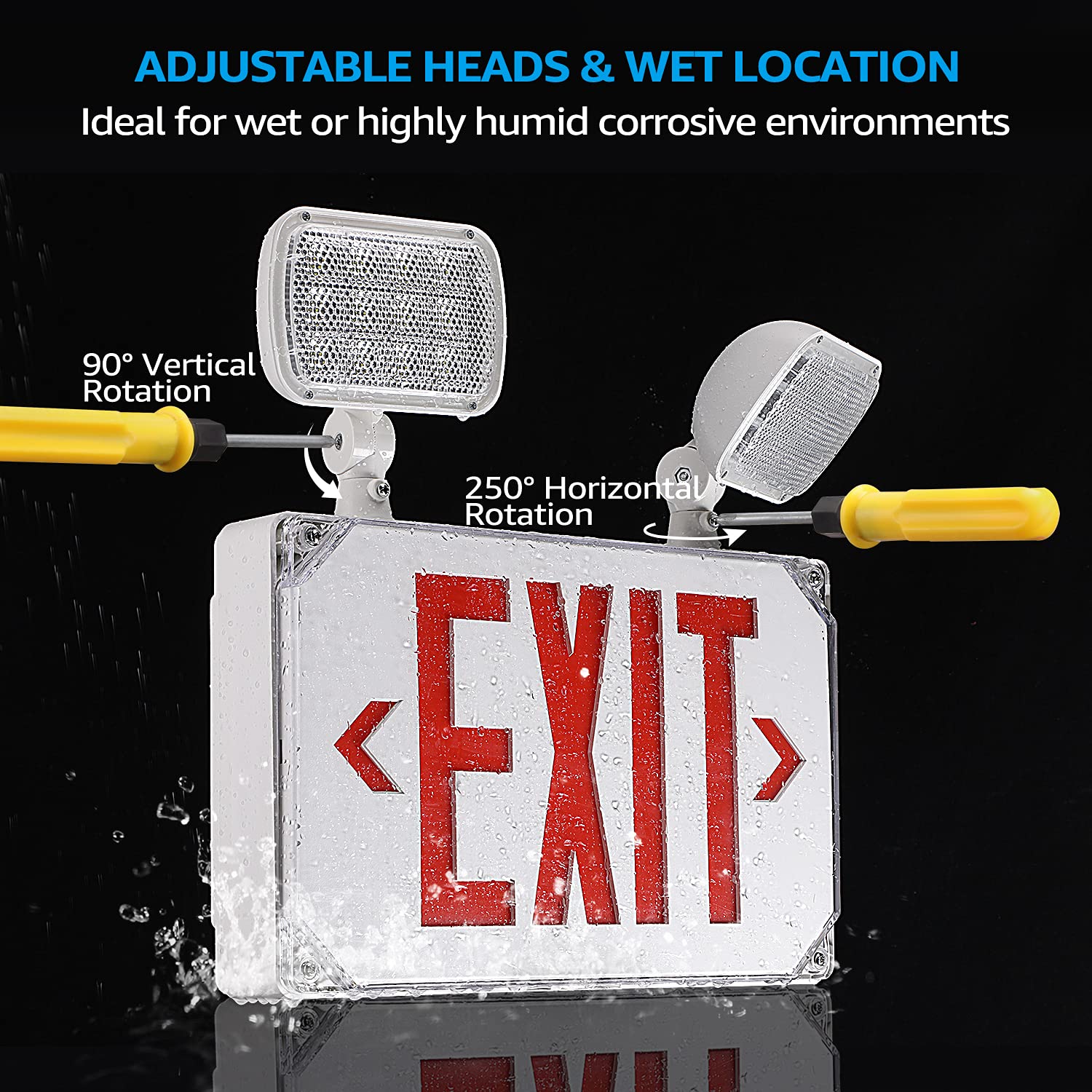 Leonlite Led Exit Light, Wet Location Exit Sign With Emergency Lights, Ul Listed, Combo Emergency Light With Battery Backup, Out