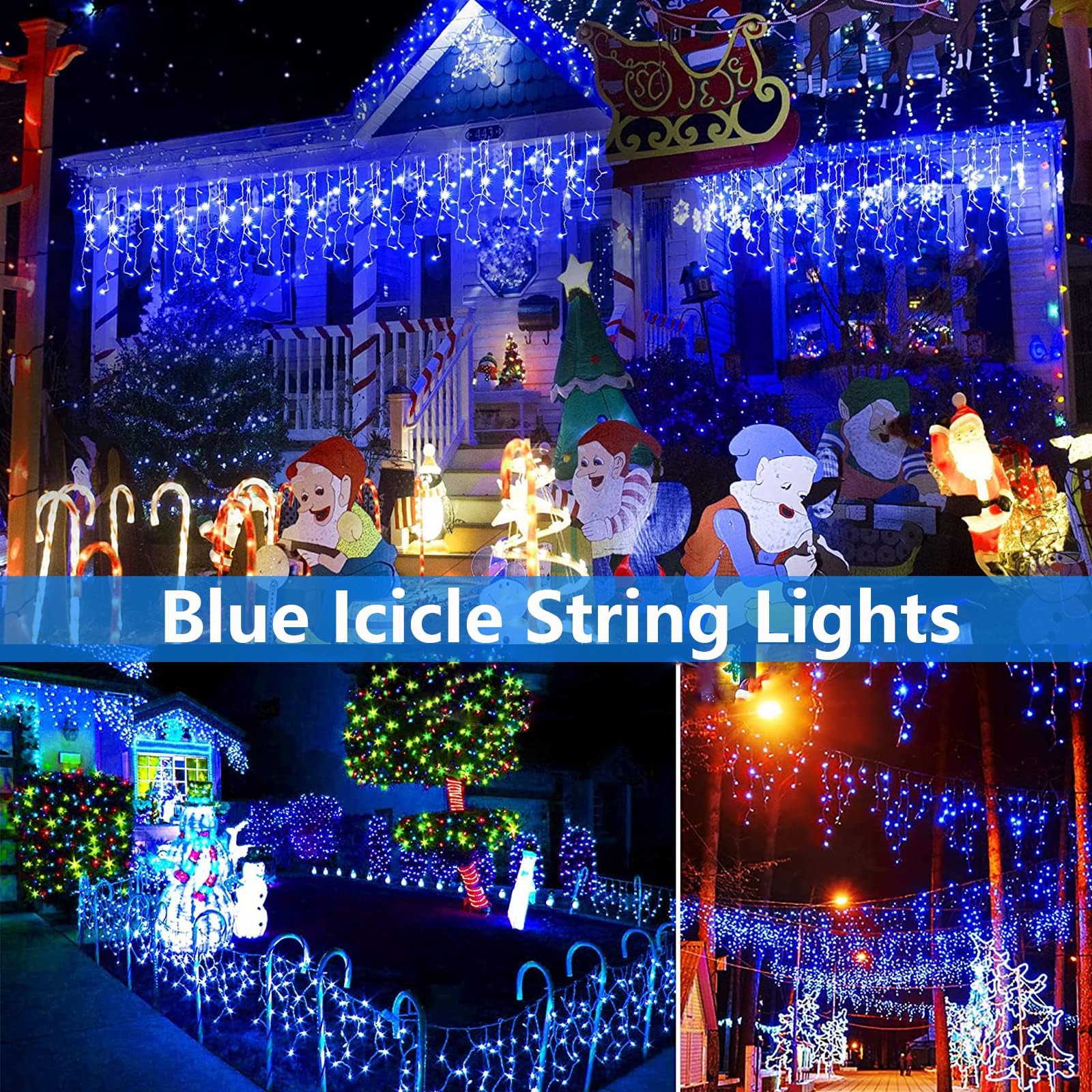 Joomer Christmas Icicle Lights, 32FT, Waterproof, 8 Modes, Blue, Model SSL0200-I-24V, Connectable for Outdoor Decorations