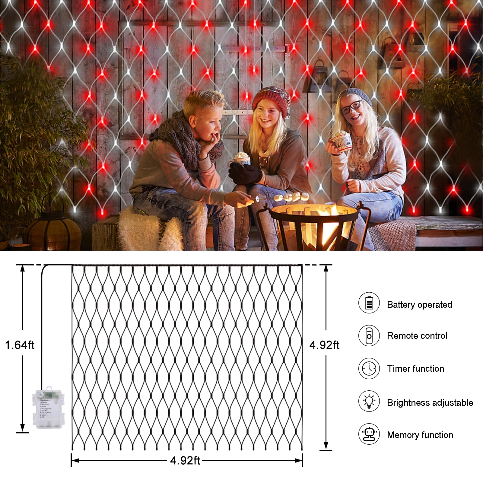 Battery Operated Christmas Red & White Net Lights, 5Ft X 5Ft 100 Led Net Fairy Lights 8 Modes Remote Timer Dimmable Garden Patio
