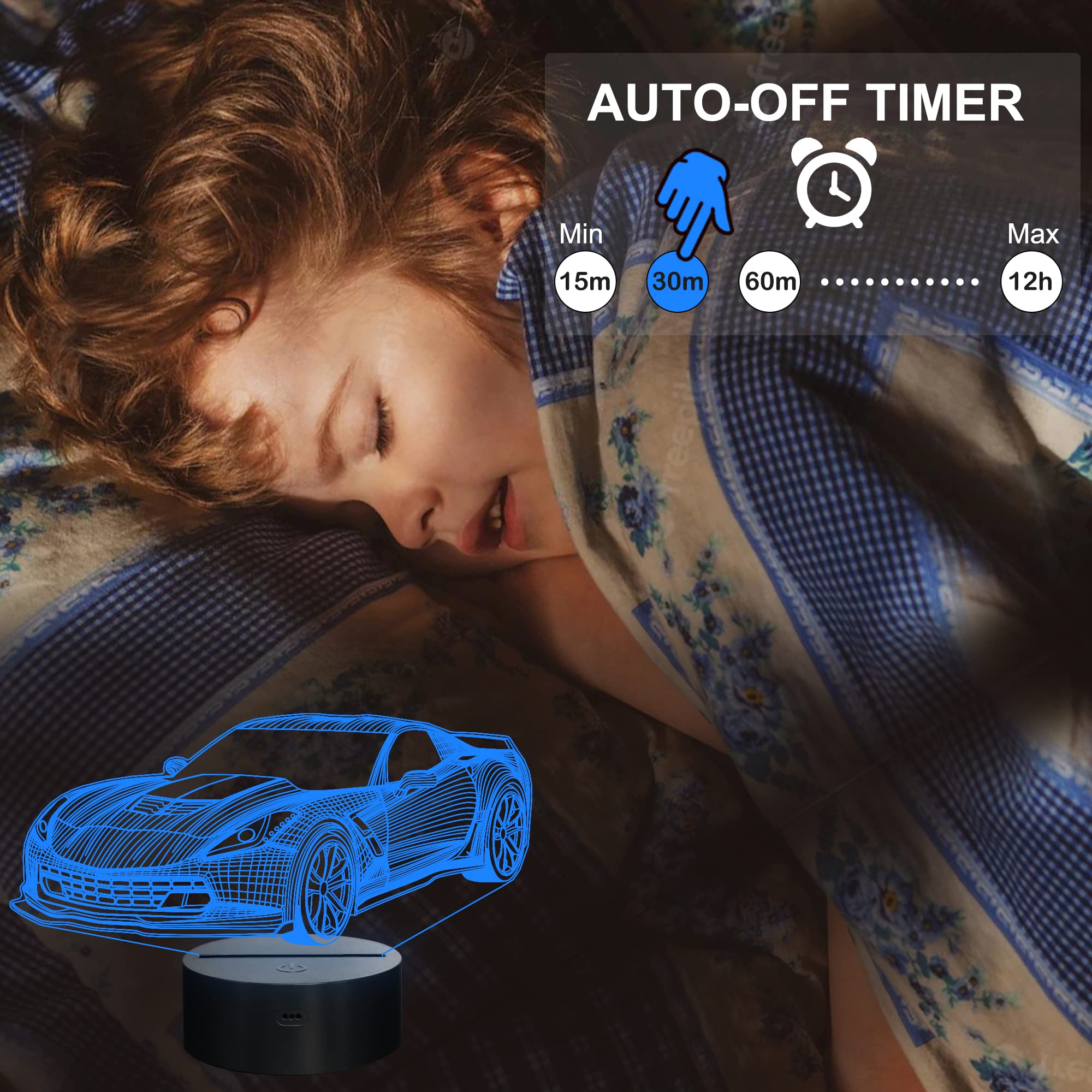 YuanDian Car Night Light, 3D LED Illusion Lamp, Touch Control & Remote, USB & Battery Powered, Multicolor, Model FS-2810-9999