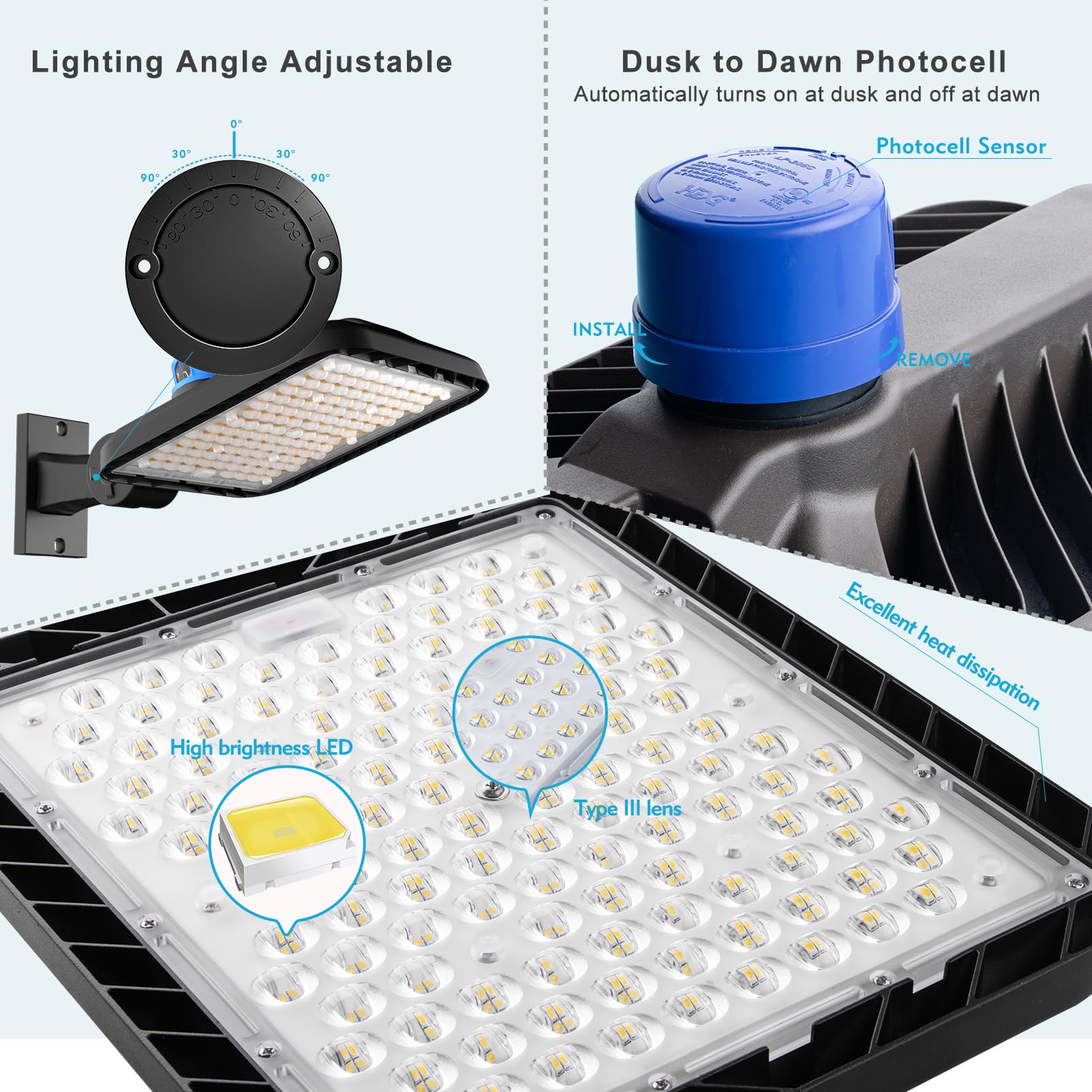 Lightdot 400W LED Parking Lot Light, 60000Lm, Dusk to Dawn, Arm Mount, 3Pack, Aluminum, Brown, Model LSB-06, Height 30-