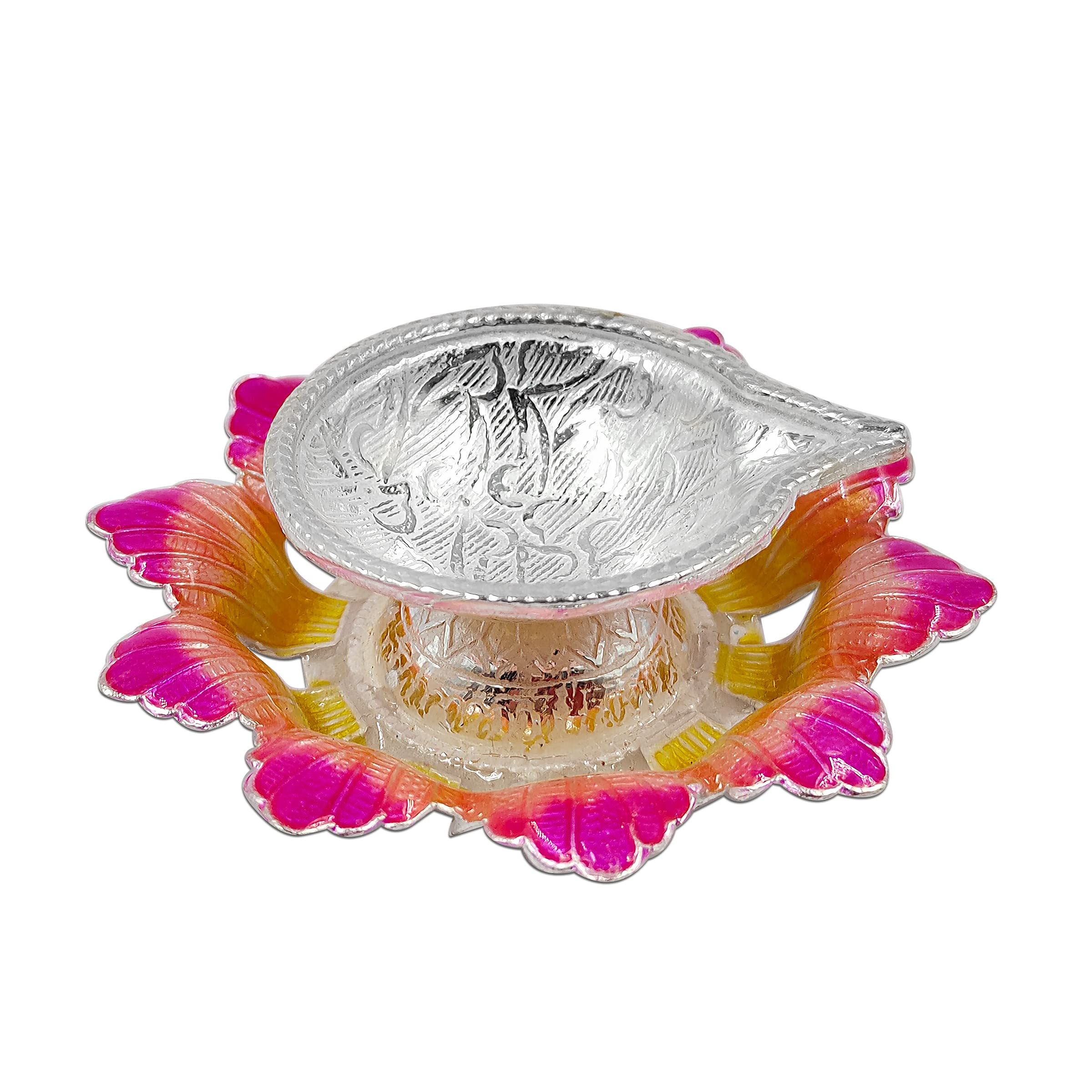 MAA SILVER Diya/Lamp/Deepak with Yellowish Pink Flower Shape Base Perfect for Gift and Pooja Purpose (20 Grams Silver)