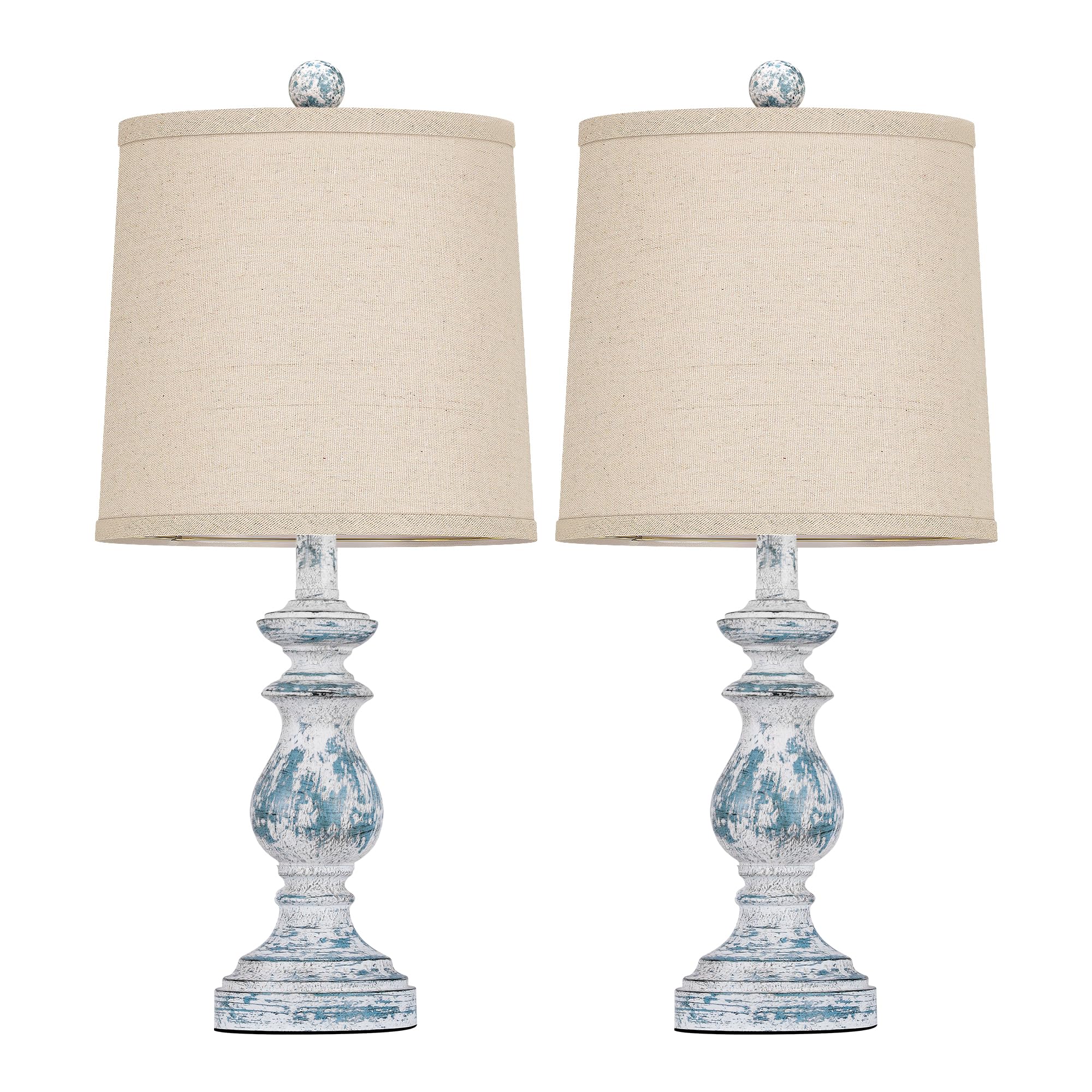 PARTPHONER Traditional Table Lamp Set of 2, 22" Rustic Bedside Lamps, Washed Blue Resin with Linen Shades, Model STR-DL-0004