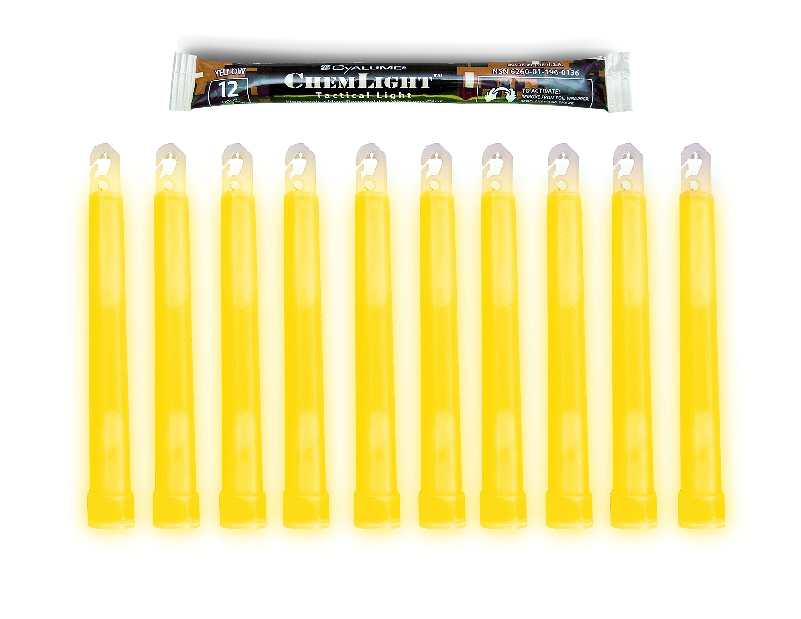 Cyalume Military Grade Yellow Glow Sticks - Premium Bright 6    Chemlight Emergency Glow Sticks With 8 Hour Duration (Bulk Pack