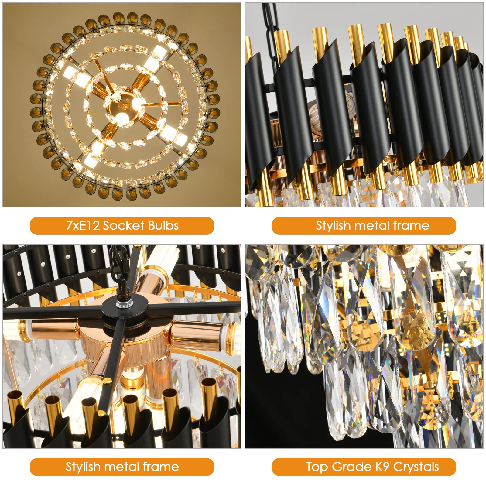 Gold Modern Crystal Chandeliers 4-Tier K9 Round Black And Gold Crystal Chandelier Light Fixture 7 Lights Hanging Pendant Ceiling