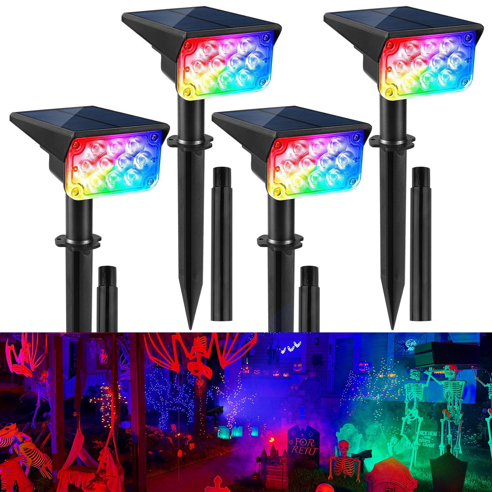 CREPOW Solar Spot Lights Outdoor, IP65 Waterproof, RGB Color Changing, 10 LEDs, 4 Pack, Model TS-G2202