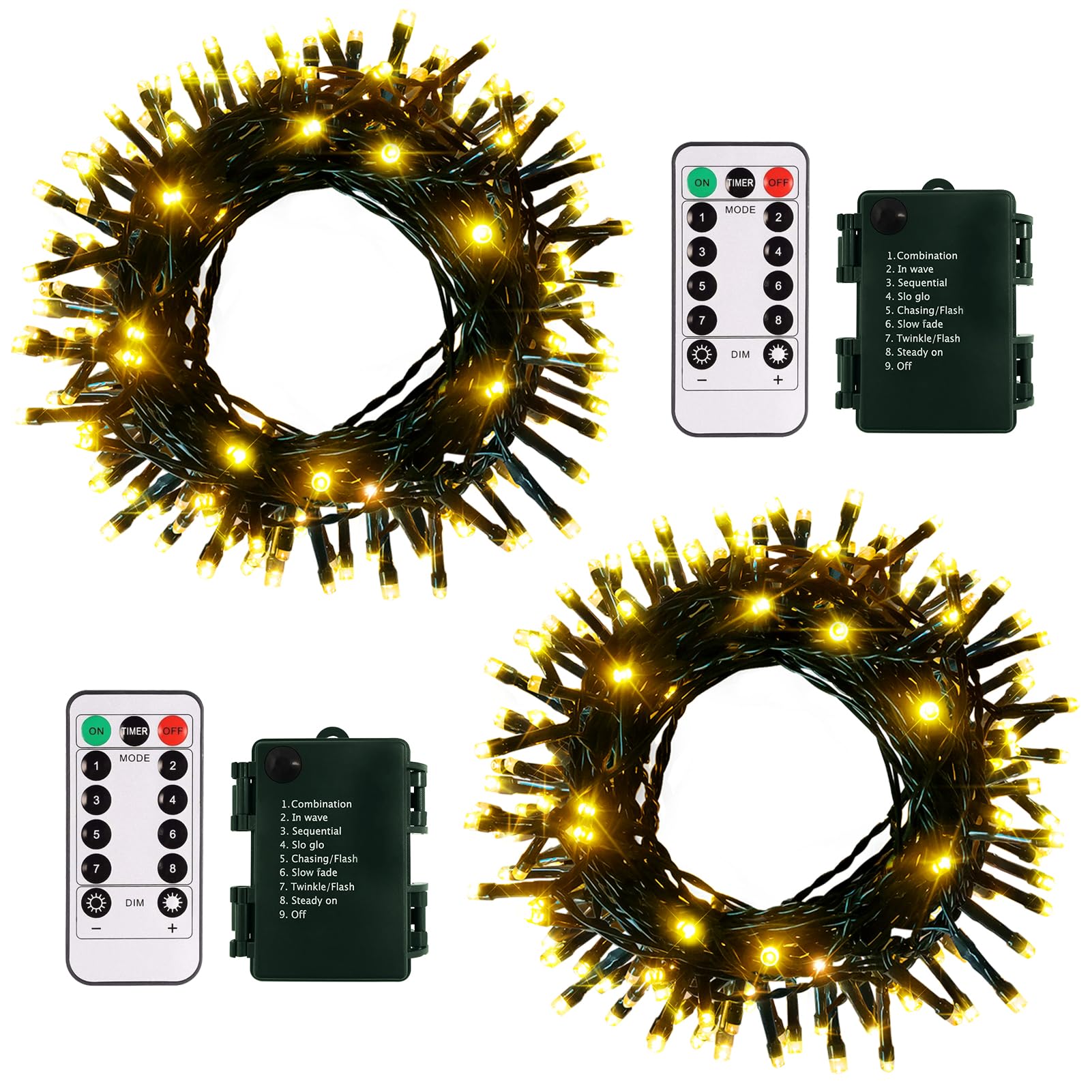 DBFAIRY 2 Pack 16.4ft Outdoor Christmas Tree String Lights, 50 Warm White LEDs, Battery Operated, Green Cable, 8 Modes, Model DB100