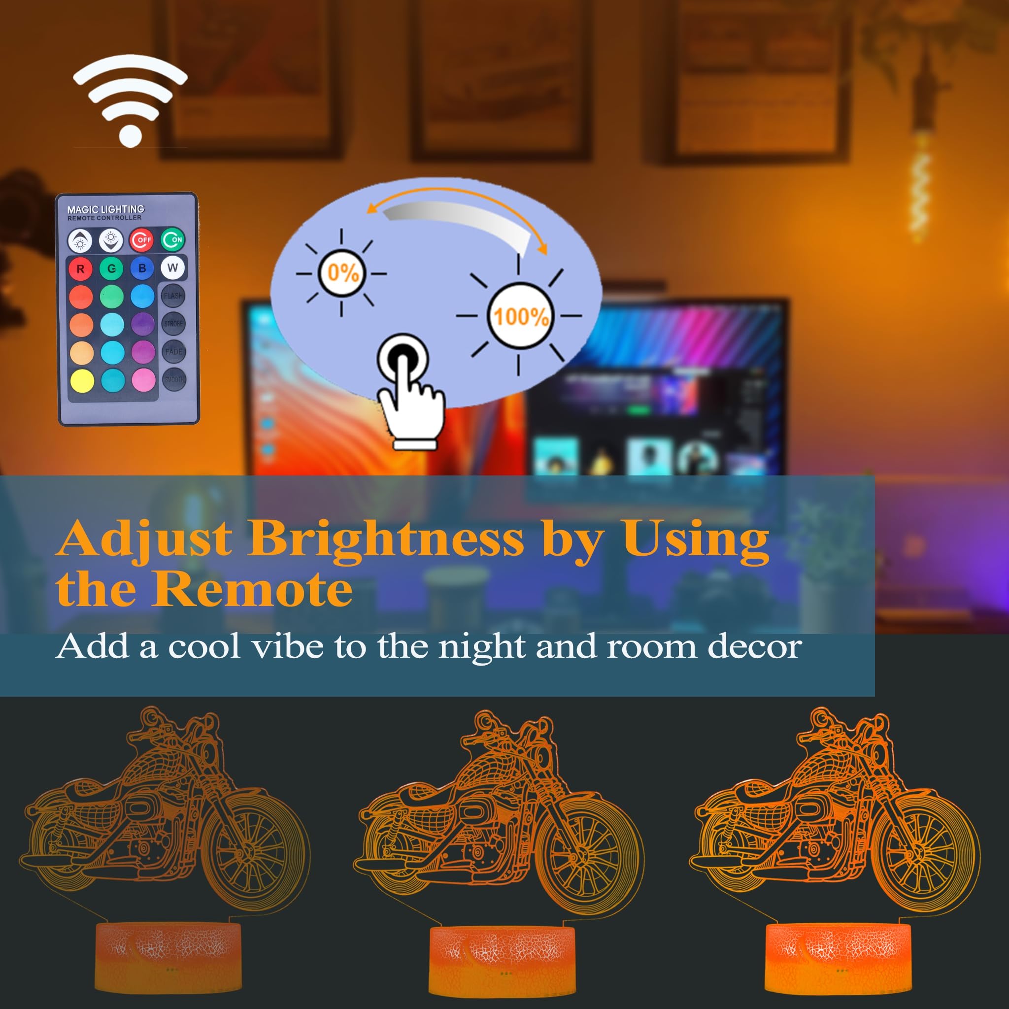 Posshe Motorcycle Gifts, Motorcycle Night Light, Motorbike 3D Illusion Lamp, 16 Colors Changing, Remote Control, Timer, Dimmable