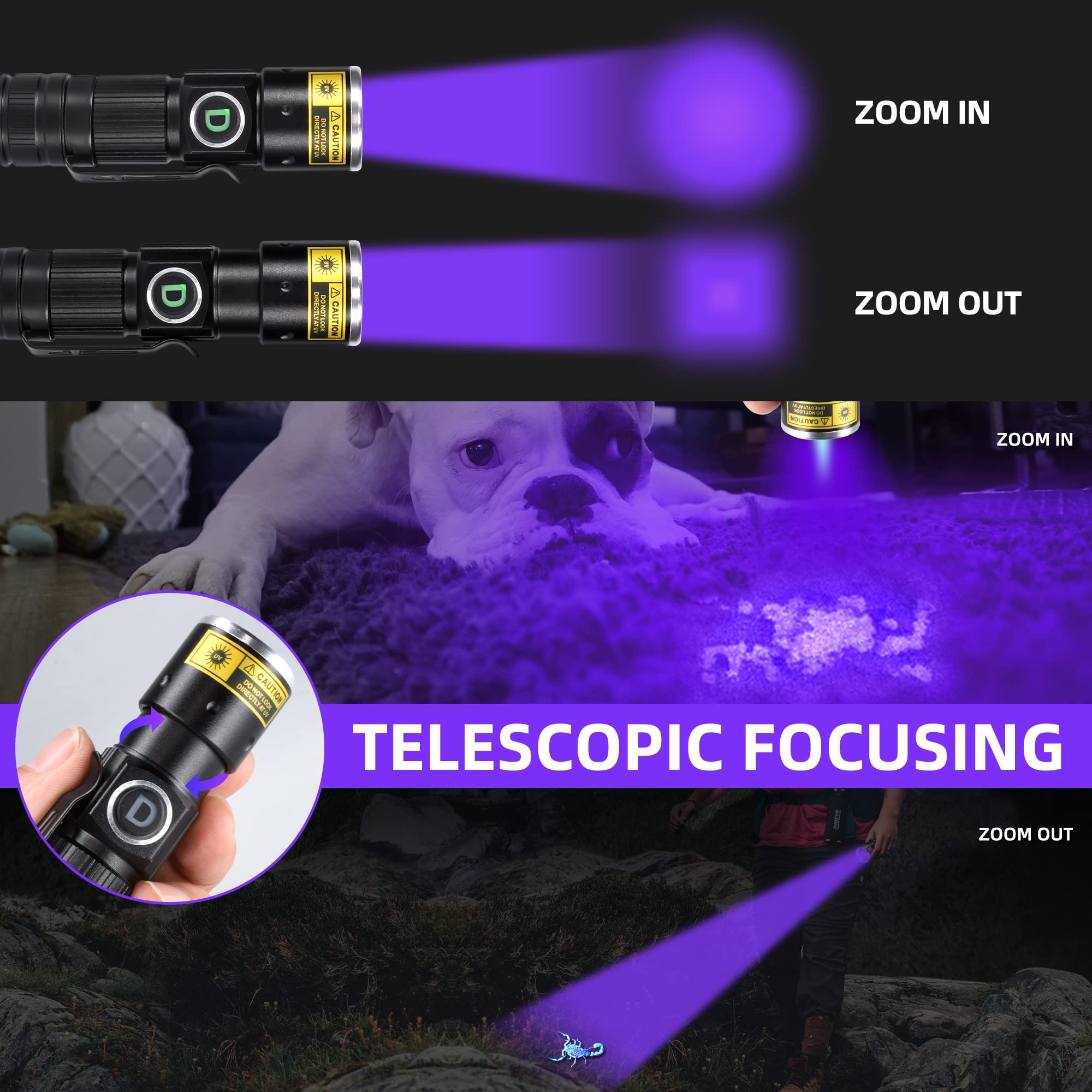 DARKDAWN UV 395nm Flashlights 2-Pack, USB Rechargeable Blacklight Mini, Aluminum, for Cat Urine Detection, Leak Detection