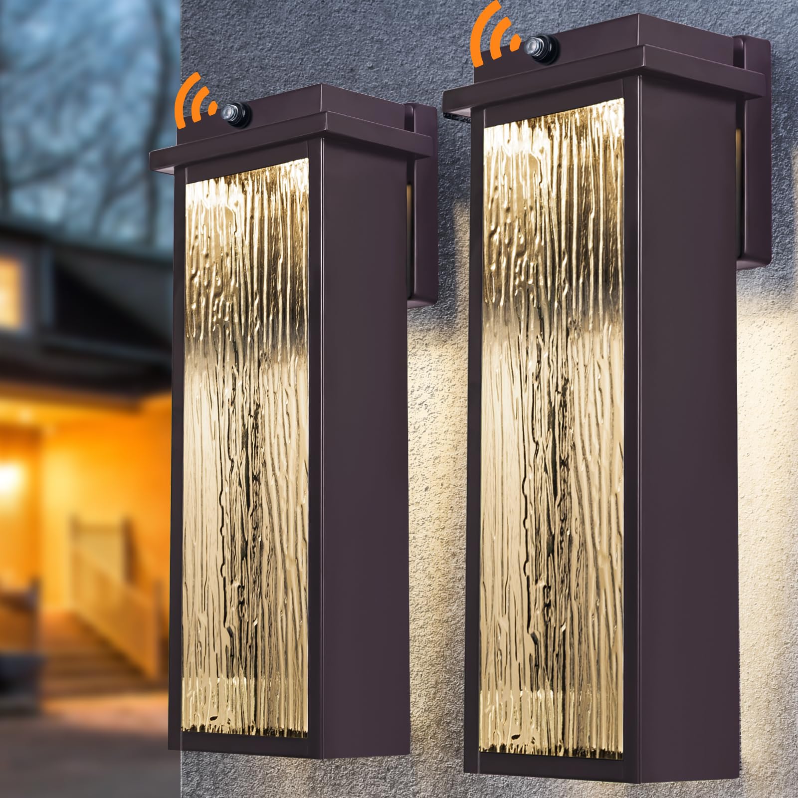 Oil Rubbed Bronze Led Dusk To Dawn Outdoor Lighting 2 Packs, 16" Large Outside Farmhouse Wall Lantern Brown, Industrial Porch Wall Mount Light Fixture With Rippled Glass, Modern Exterior Sconce Lamp