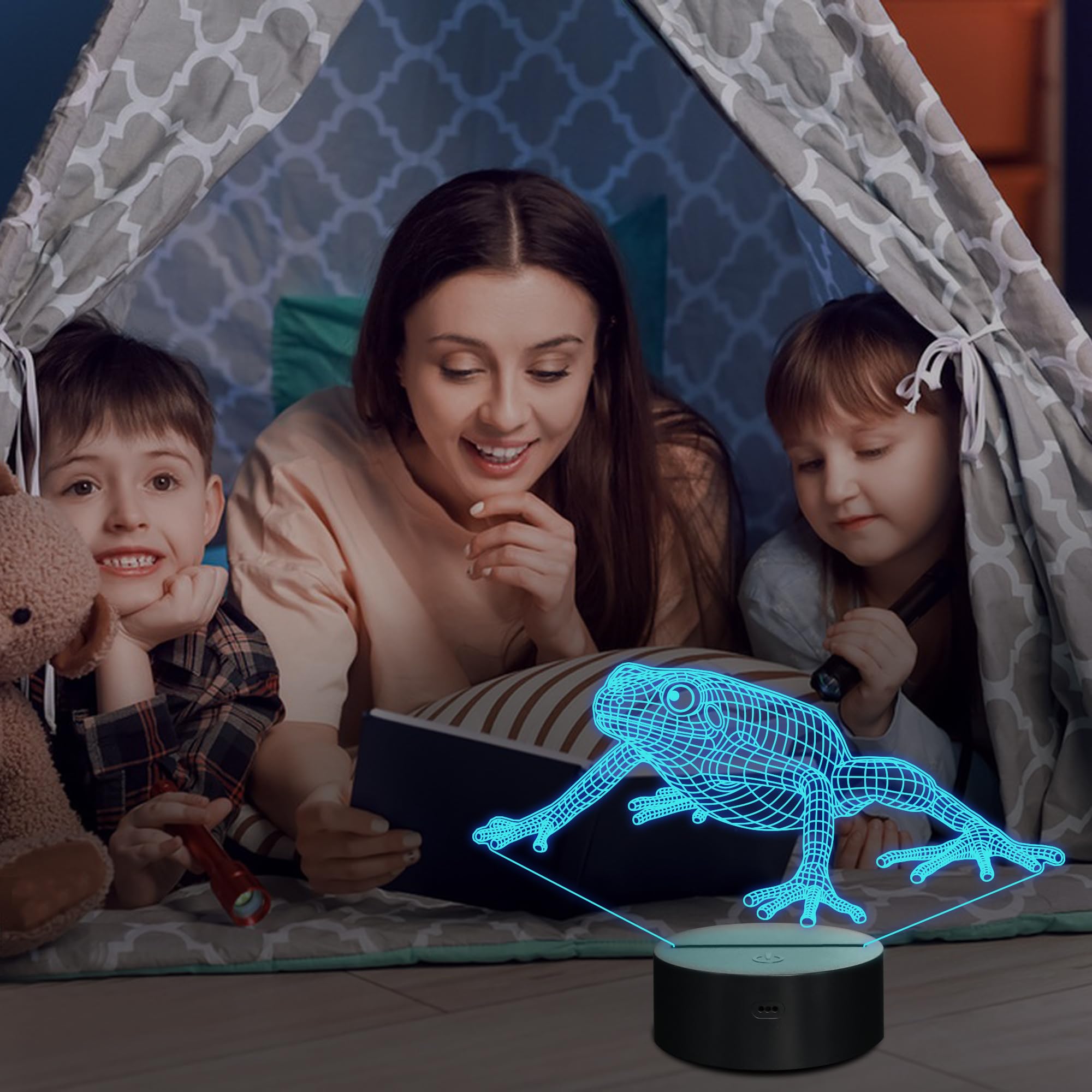 Lampeez Frog 3D Night Light - Green Optical Illusion Lamp with Remote Control, 16 Colors - Perfect Gift for Kids, Model DL-LPZ