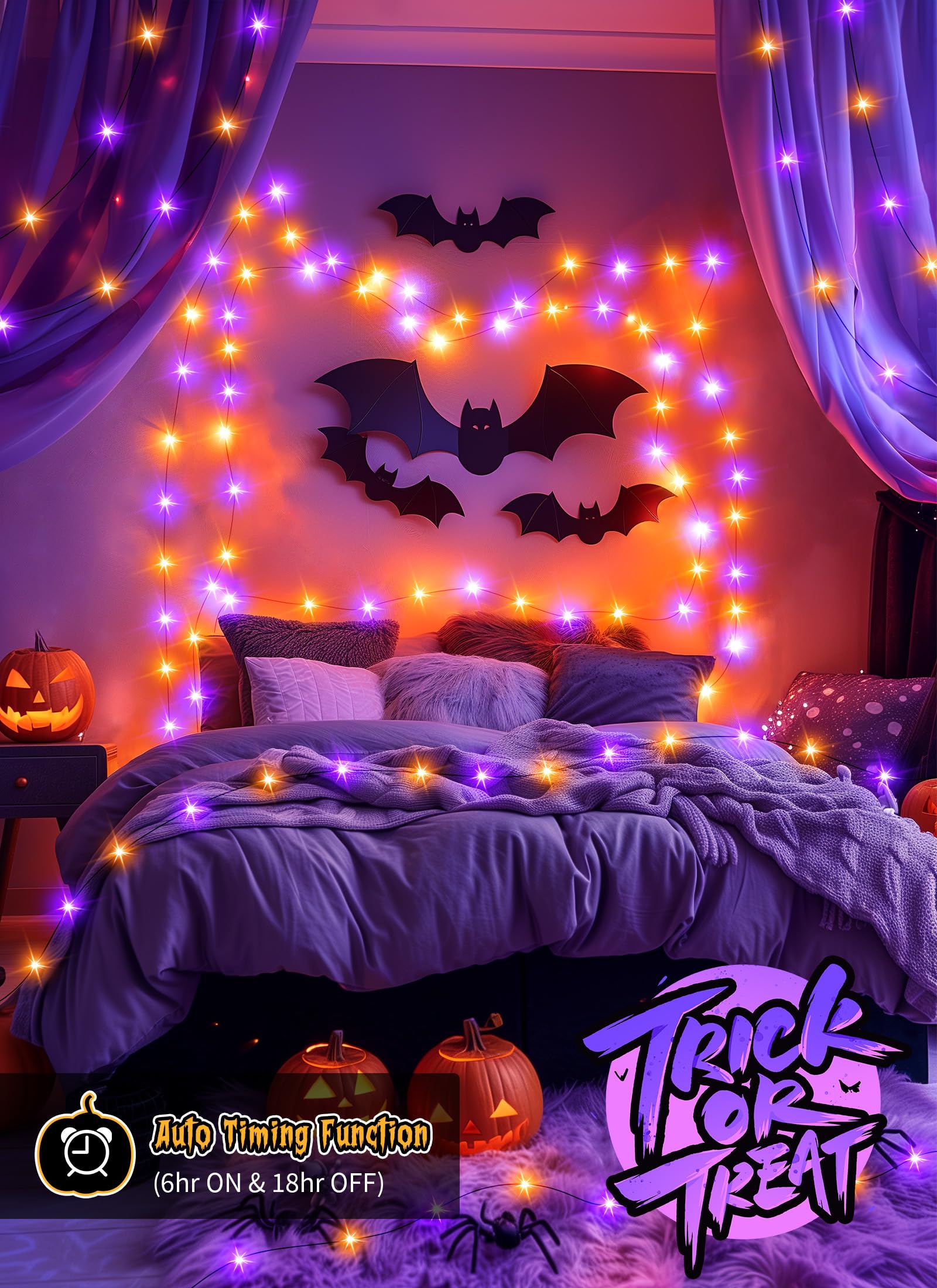 Brightown Halloween String Lights, 100 LED, 33FT, Battery Operated, Waterproof, 8 Modes, Orange & Purple, 2 Pack