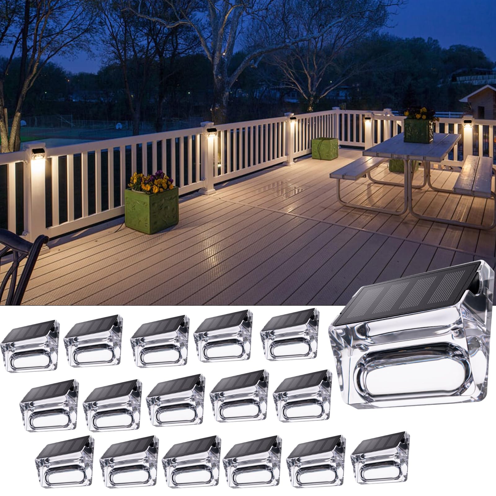 Qualdout Solar Outdoor Lights, 16 Pack Waterproof Acrylic Deck Lights, Warm White, Model LT0024816